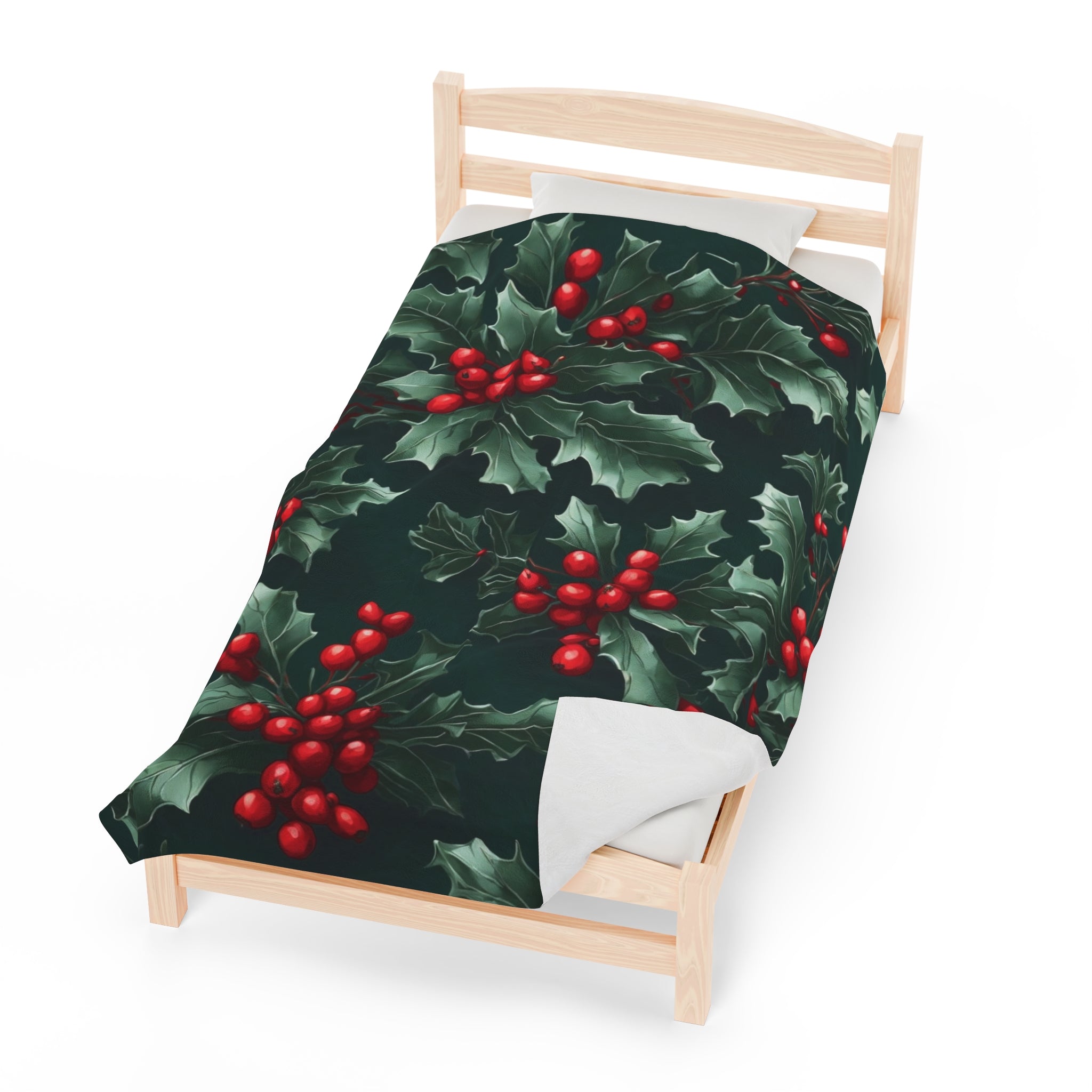 Fresh Holly and Berries Christmas Holiday Designed Velveteen Plush Blanket Available in 3 Sizes