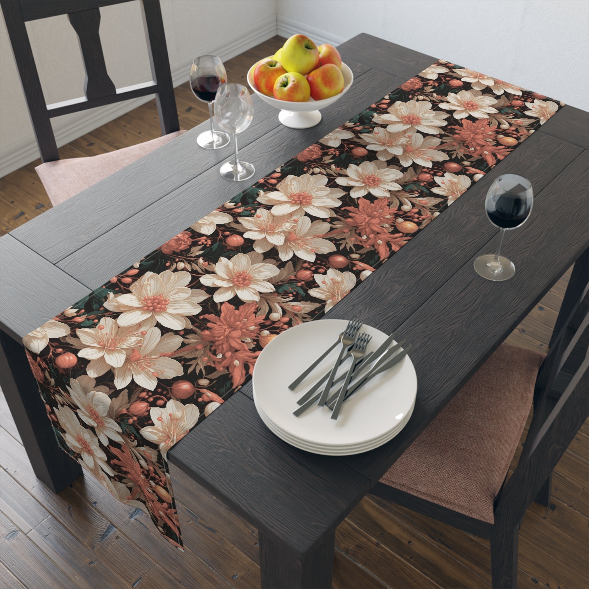 Majestic Christmas Flowers and Red Berries Table Runner - Cotton and Polyester Options, Multiple Sizes