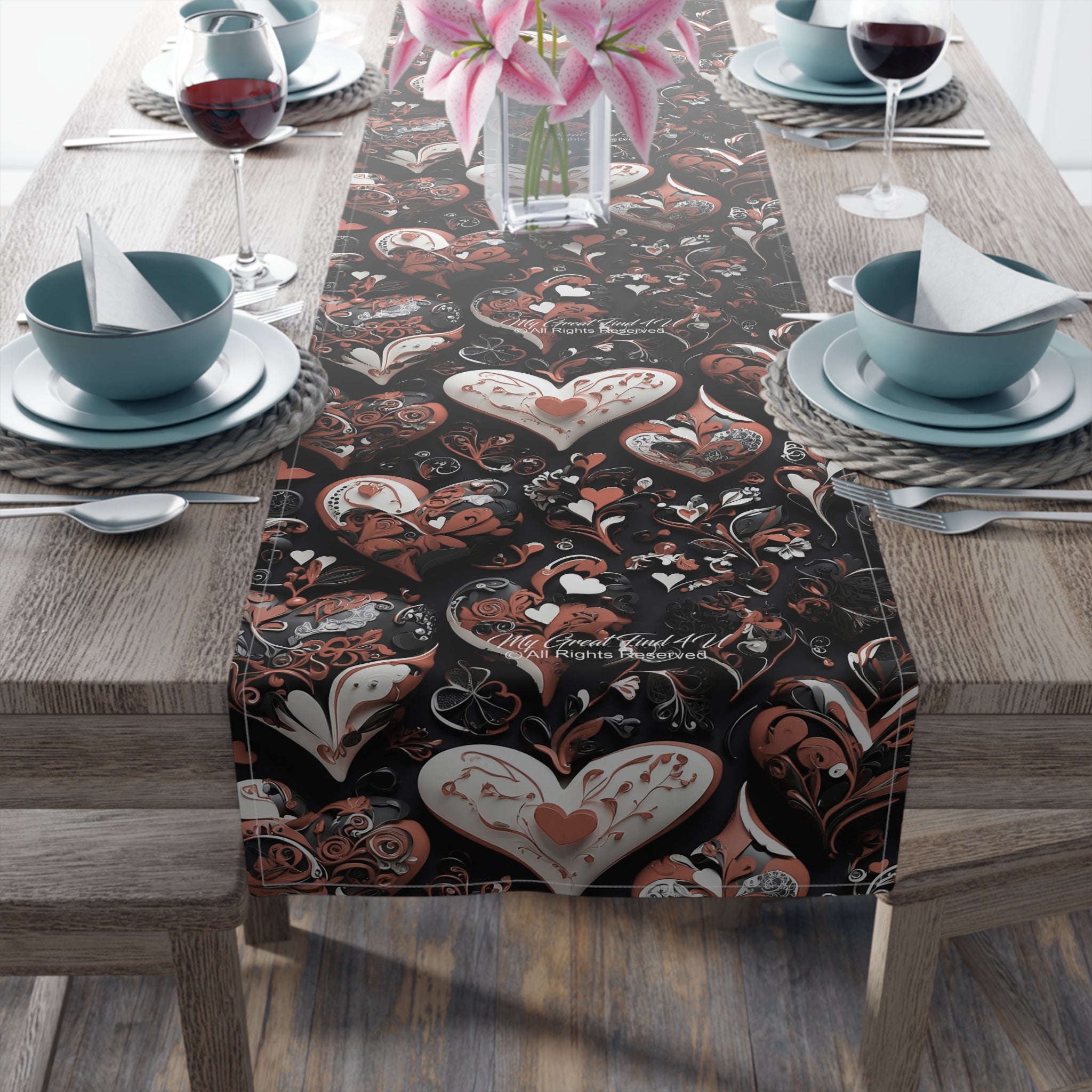 Sophisticated Valentine Heart Designed Table Runner Cotton Twill & Polyester Options 2 Sizes Available