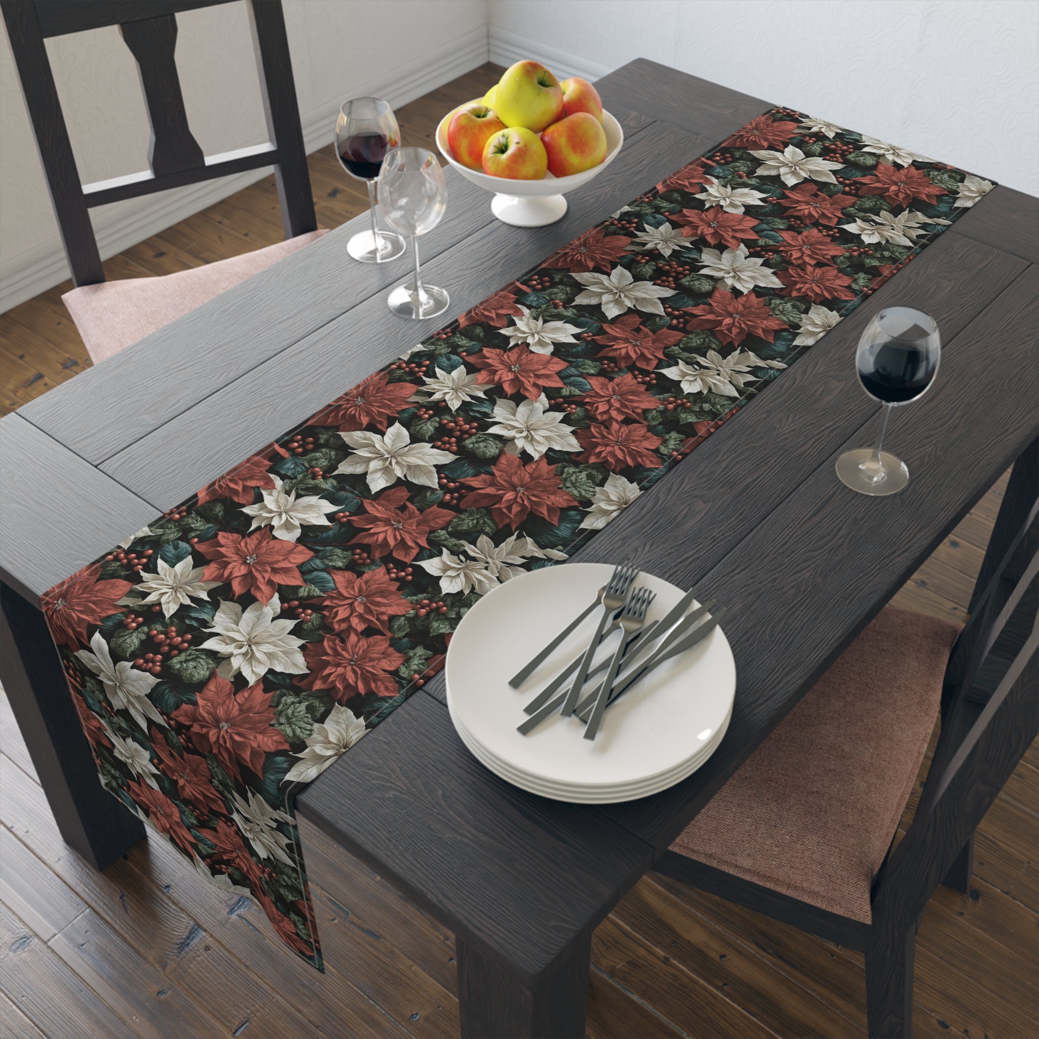 Mesmerizing Poinsettias Flowers Design Table Runner - Elevating Kitchen Elegance with Artful Sophistication