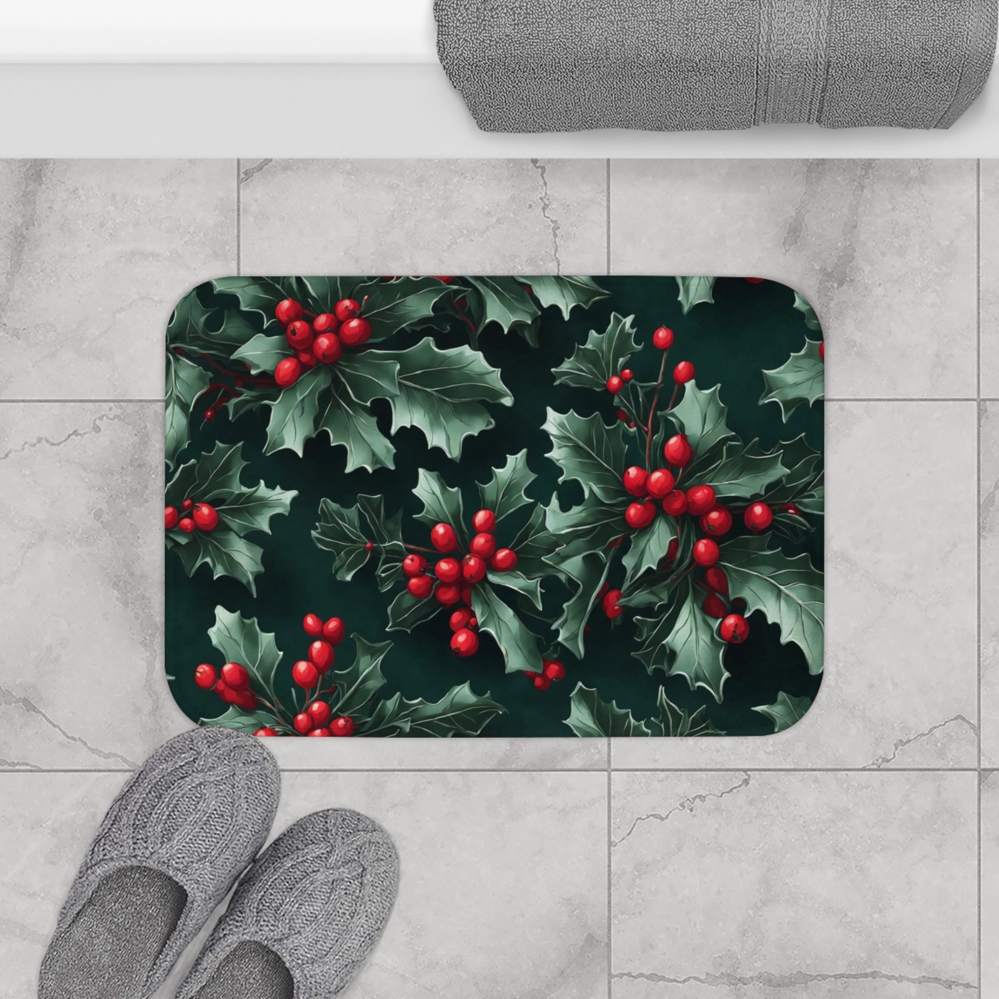 Fresh Holly and Berries Christmas Holiday Designed Bath Mat Available in 2 Sizes