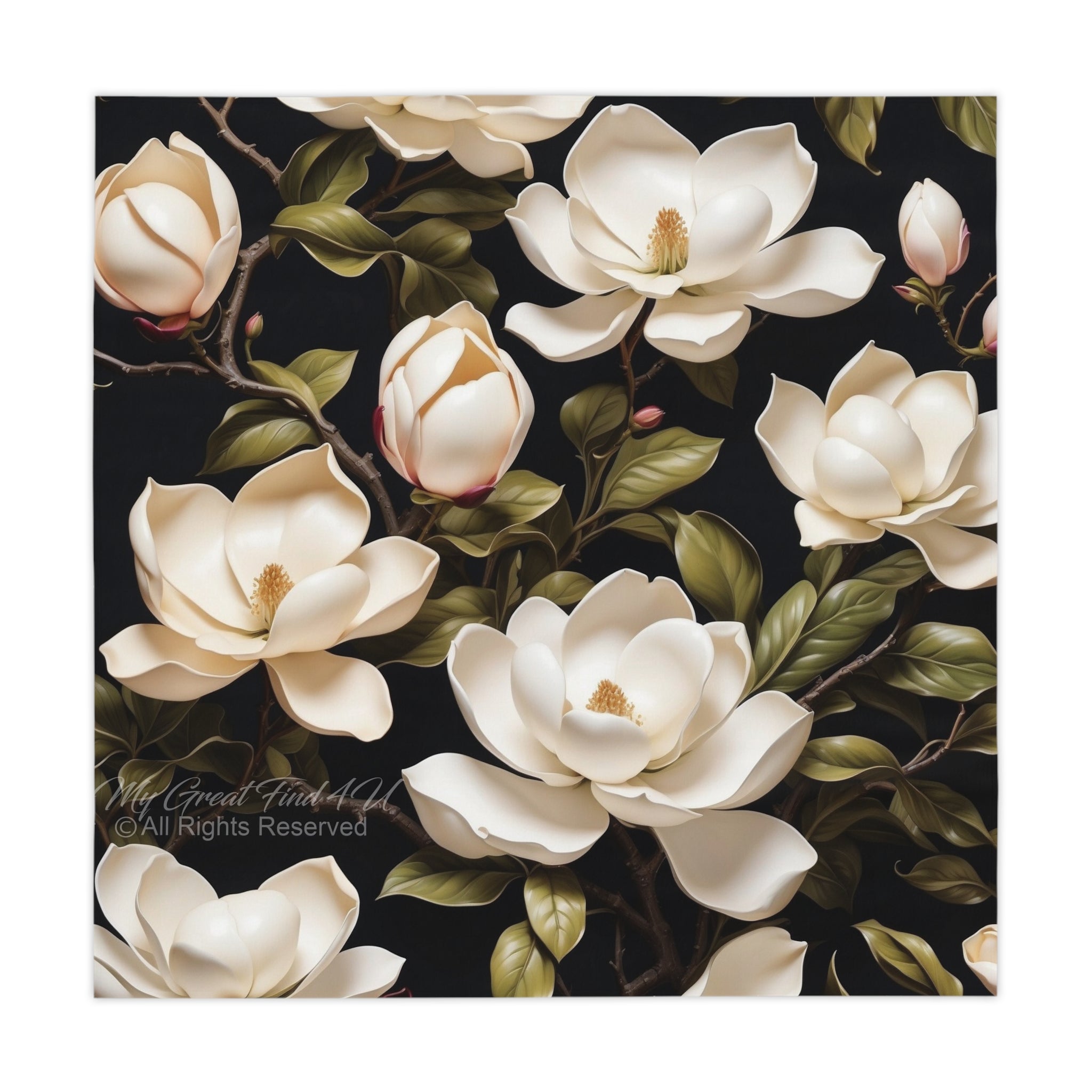 Wild White Magnolias Floral Designed Tablecloth 55" X 55"