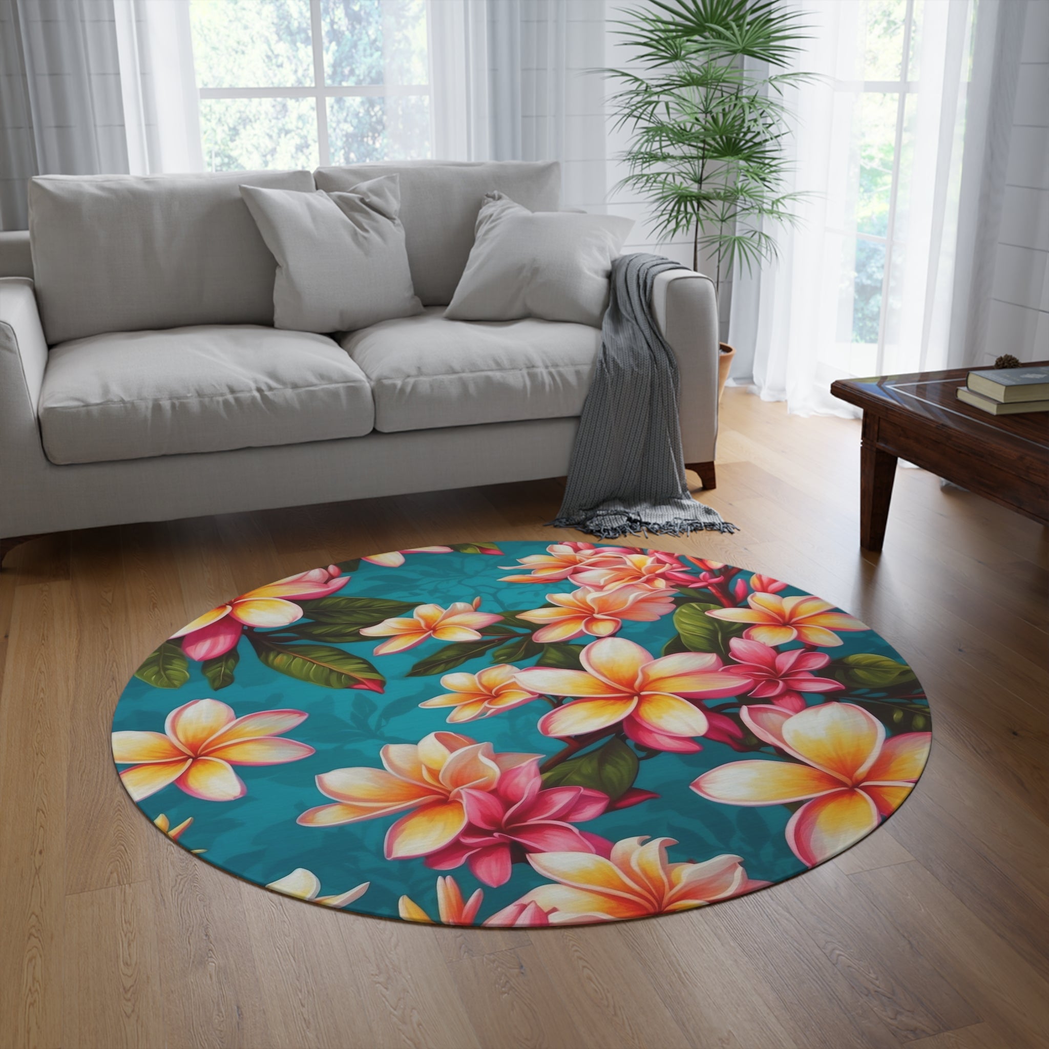 Bold Summer Plumeria Flower Designed 60" Round Rug
