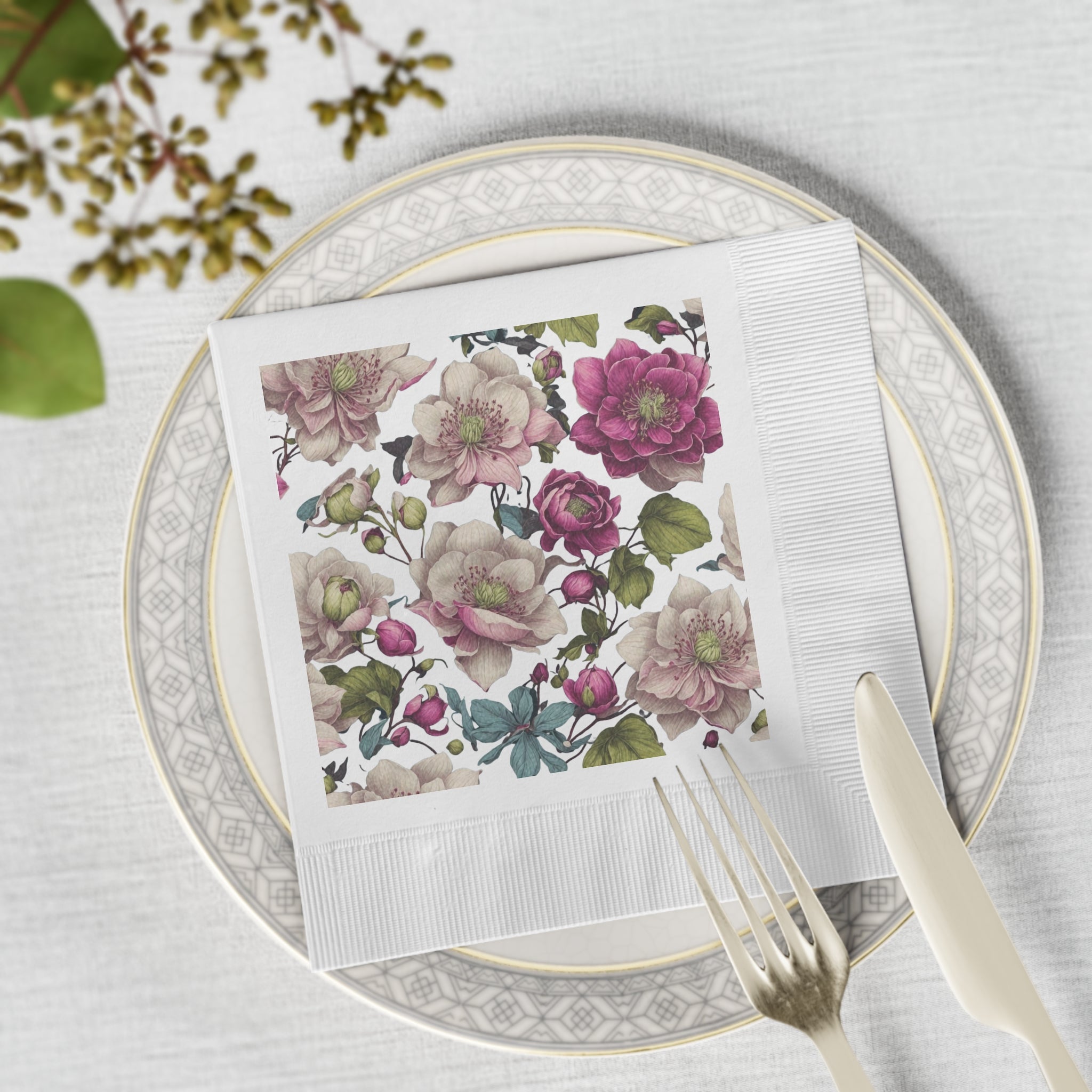 Gentle Spring Helleborus Flowers Designed White Coined Napkins 2 Sizes and Counts