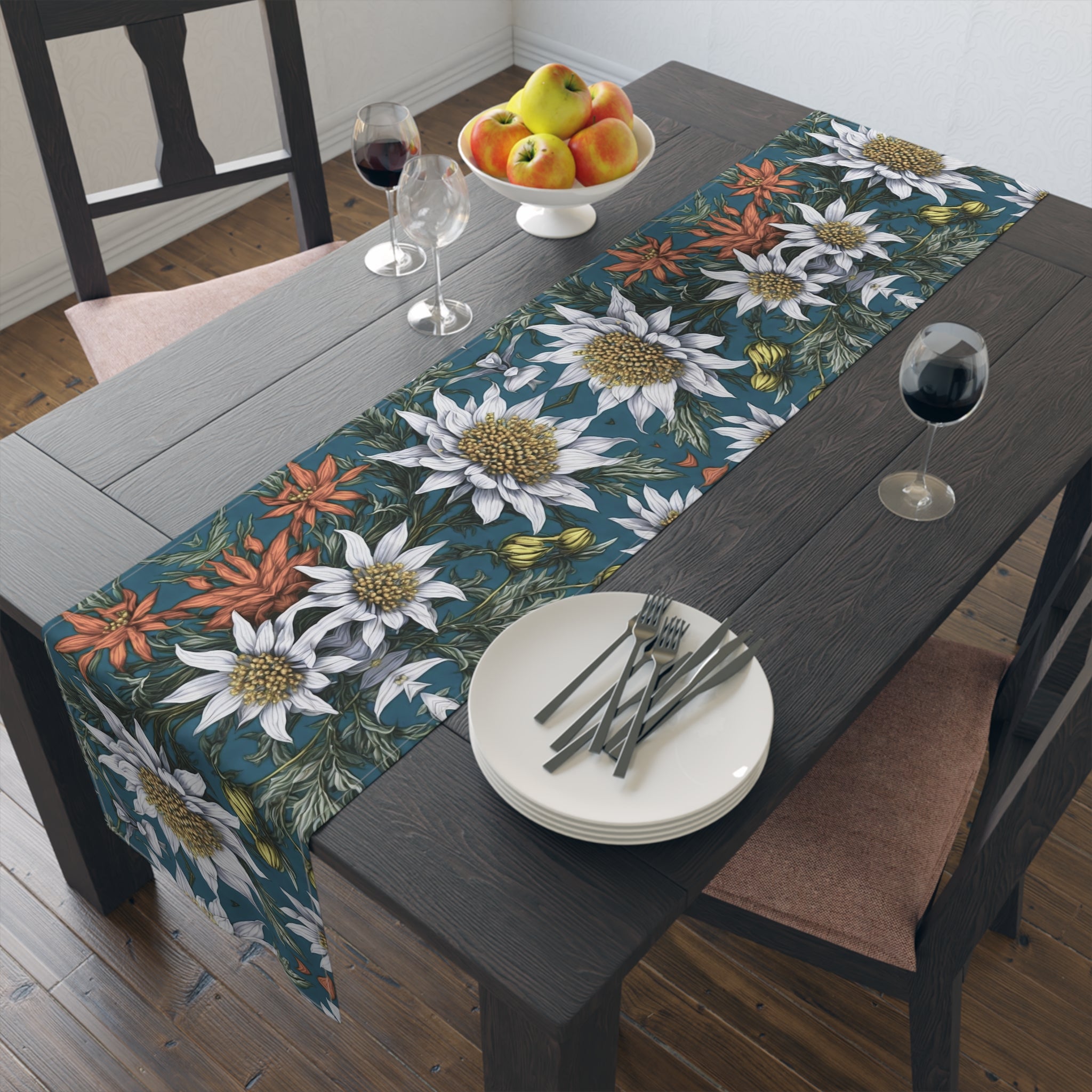 Whimsical Edelweiss Flowers Table Runner Available in 2 size and material