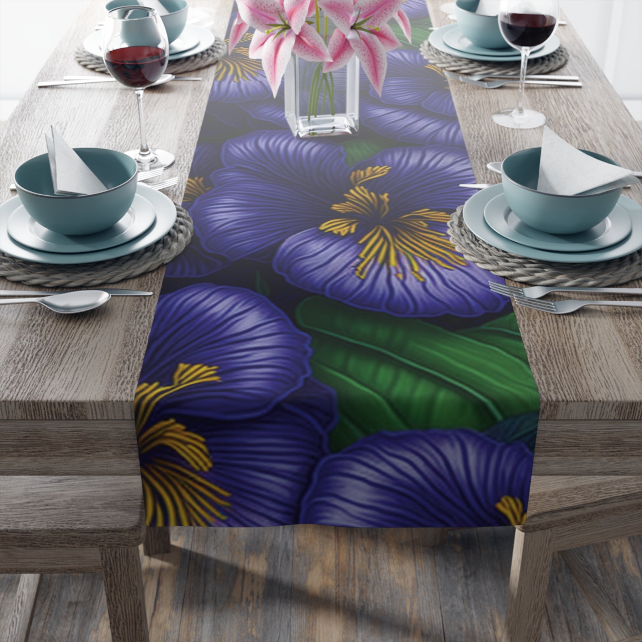 Electric Streptocarpus Flowers Designed Table Runner Available in 2 Fabrics and Sizes