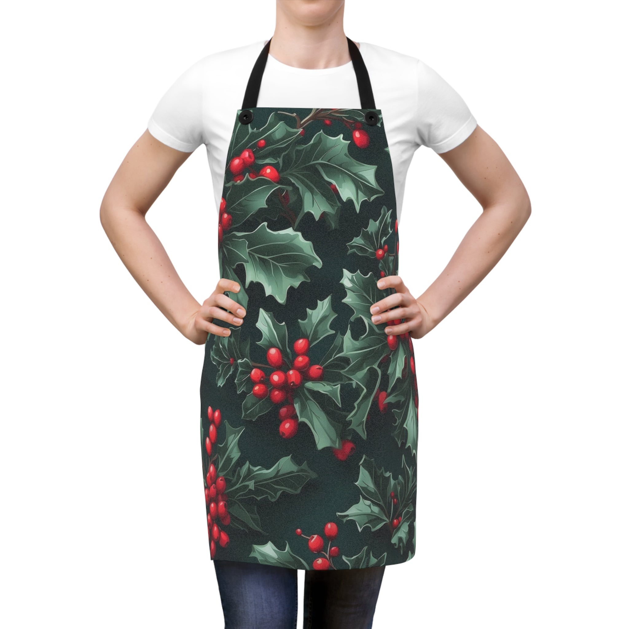 Fresh Holly and Berries Christmas Holiday Design Apron - Festive Cooking Attire for Seasonal Celebrations - Polyester Twill - Stylish and Durable