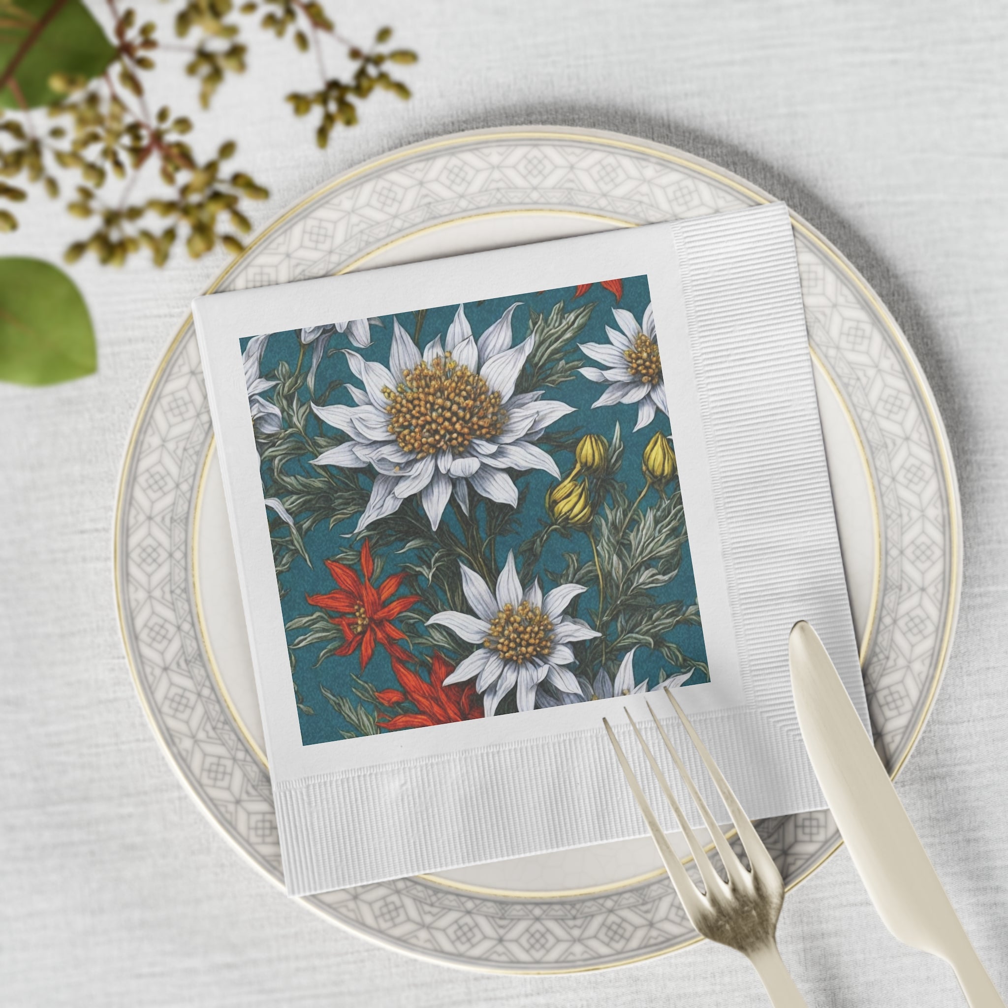 Whimsical Edelweiss Flowers Designed White Coined Napkins 2 Sizes and Counts