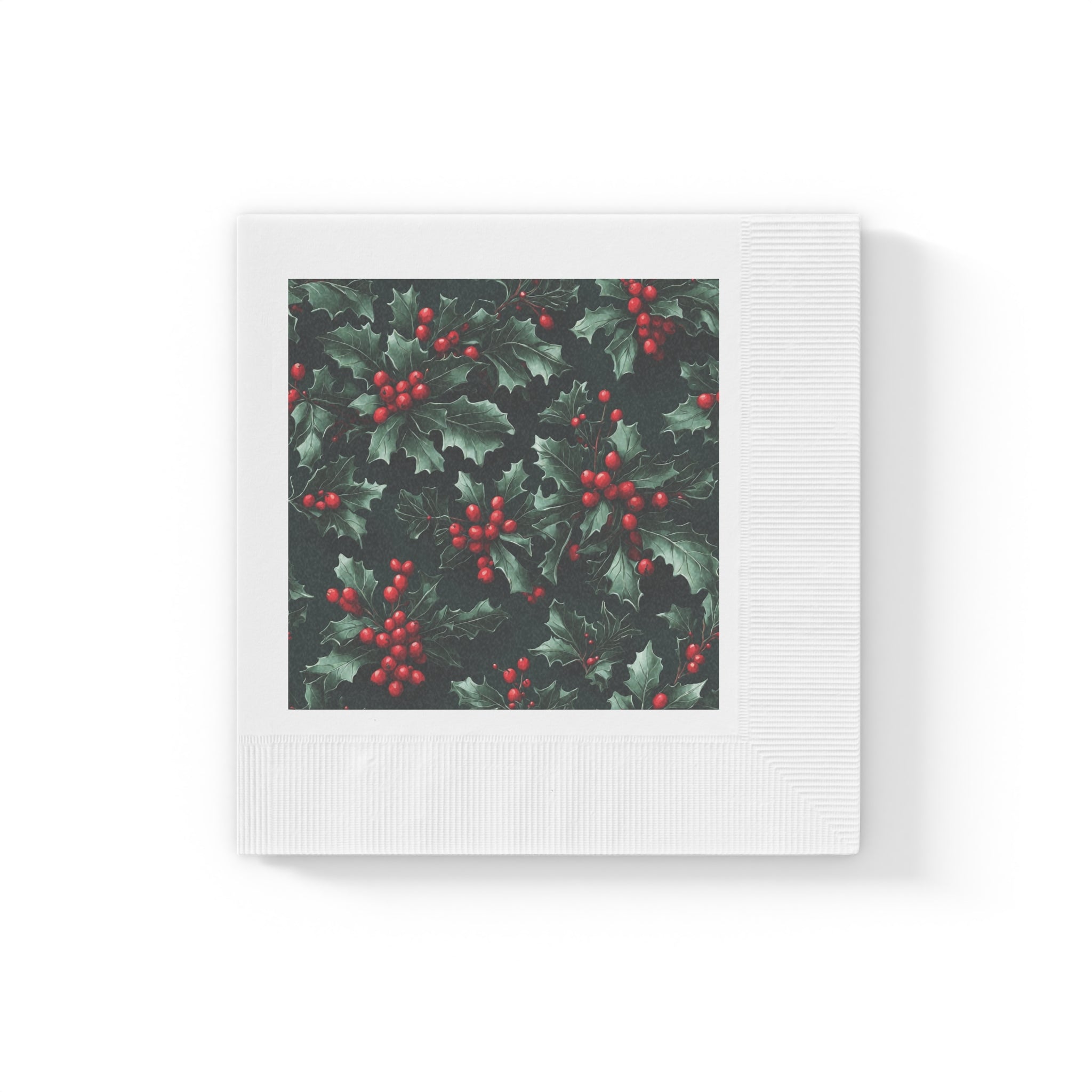 Fresh Holly and Berries Christmas Holiday Designed White Coined Napkins 2 Size and Count Options