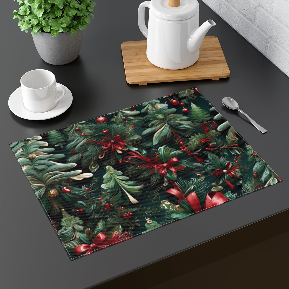 Exquisite Christmas Ribbon and Pines Design Placemat - Durable Cotton for Charming Dining Settings