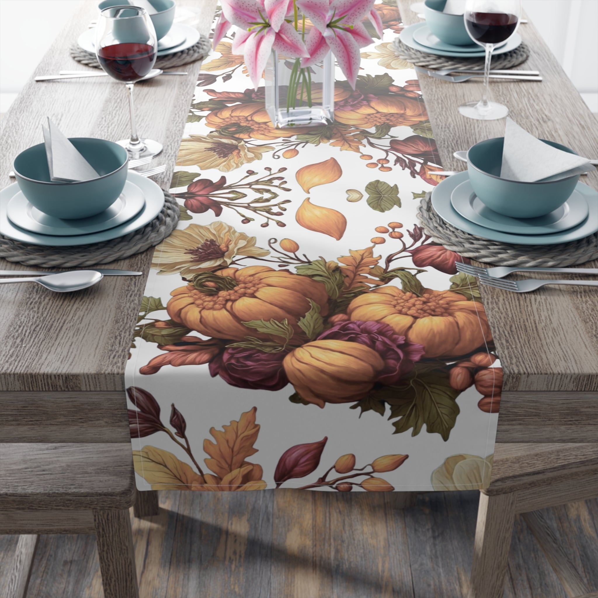 Verdant Autumn Floral and Gourds Fall Design Table Runner (Cotton, Poly) Available in 2 Sizes