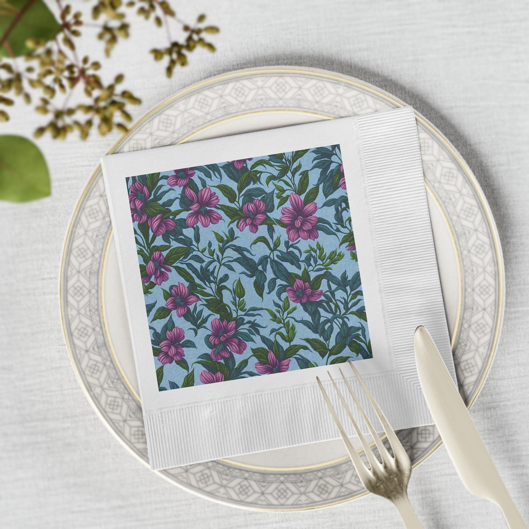 Charming Summer Stevia Flowers Designed White Coined Napkins Available in 2 Sizes & Quantities