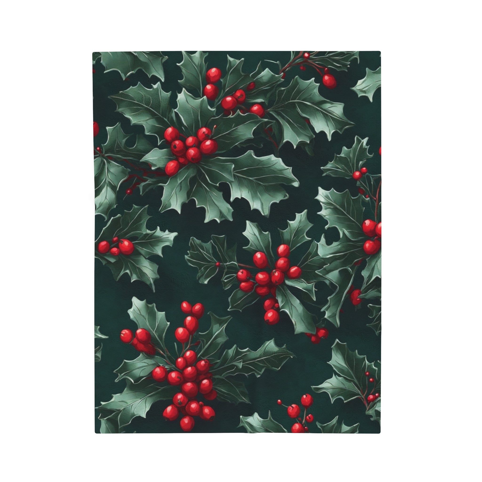 Fresh Holly and Berries Christmas Holiday Designed Velveteen Plush Blanket Available in 3 Sizes