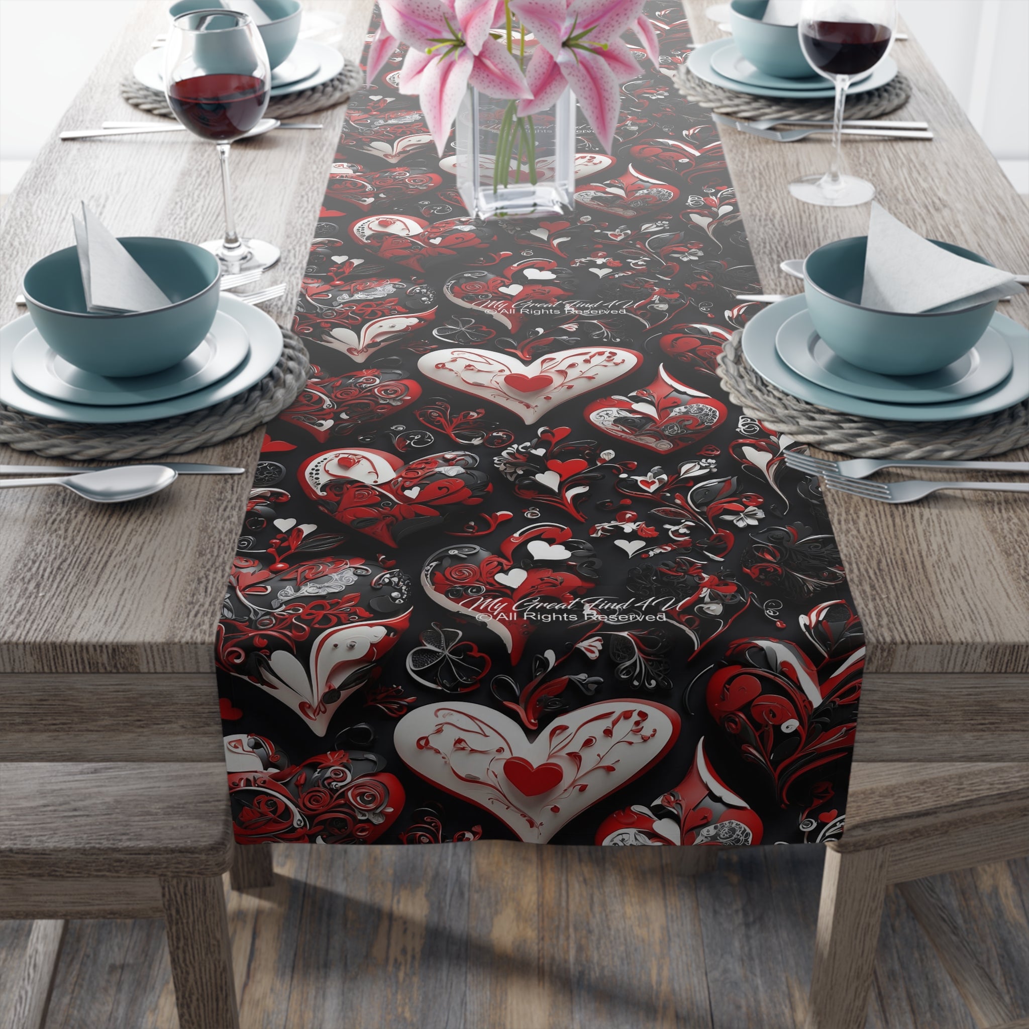 Sophisticated Valentine Heart Designed Table Runner Cotton Twill & Polyester Options 2 Sizes Available