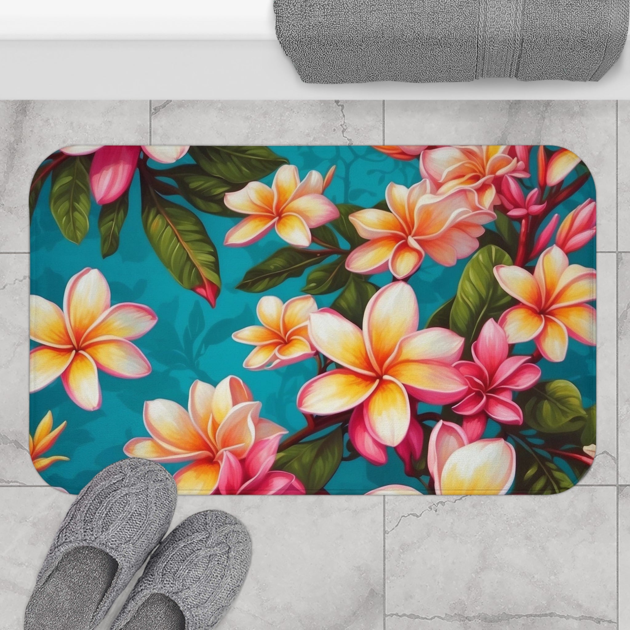 Bold Summer Plumeria Flower Designed Bath Mat Available in 2 Sizes