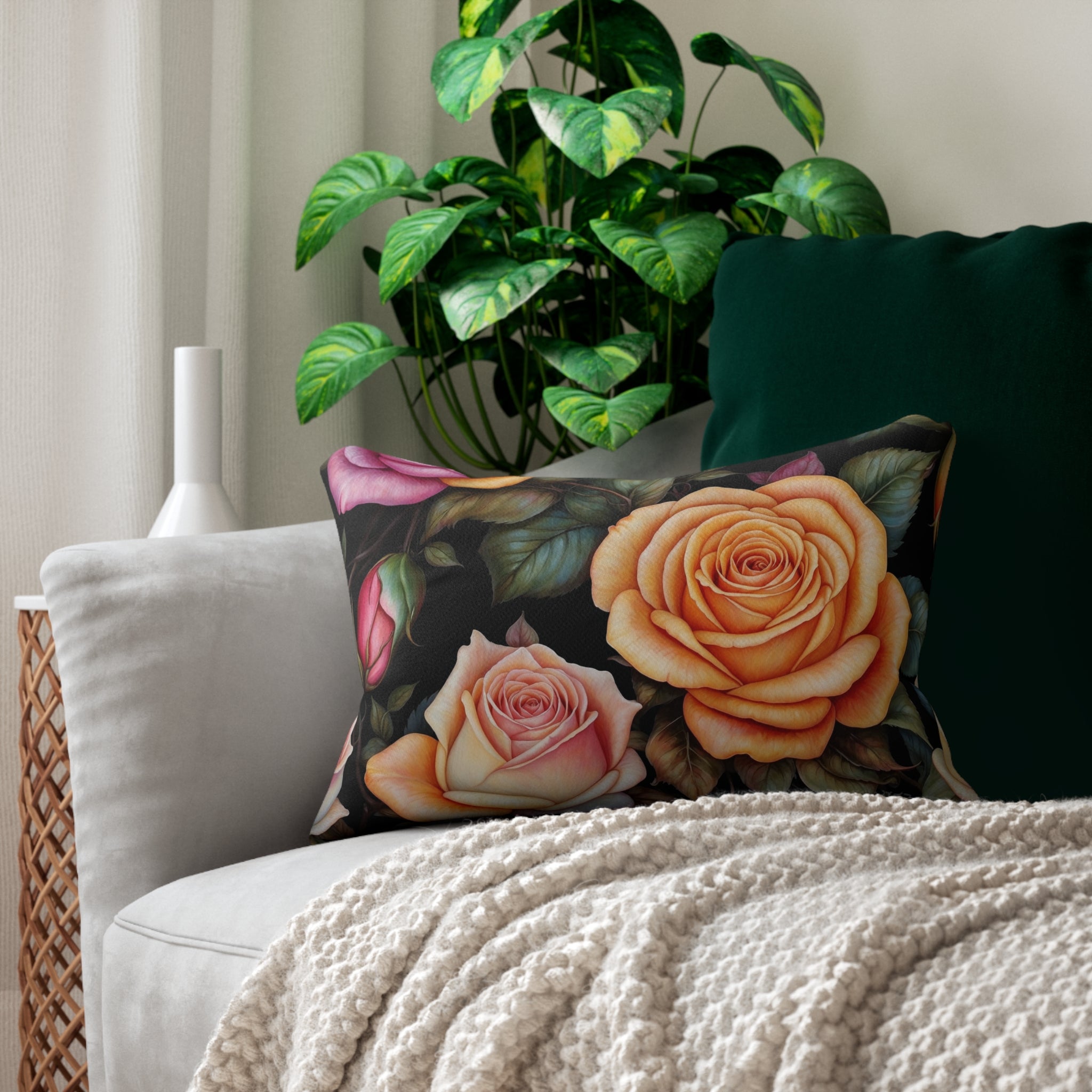 Captivating Pastel Roses Floral Spun Polyester Lumbar Pillow with Insert