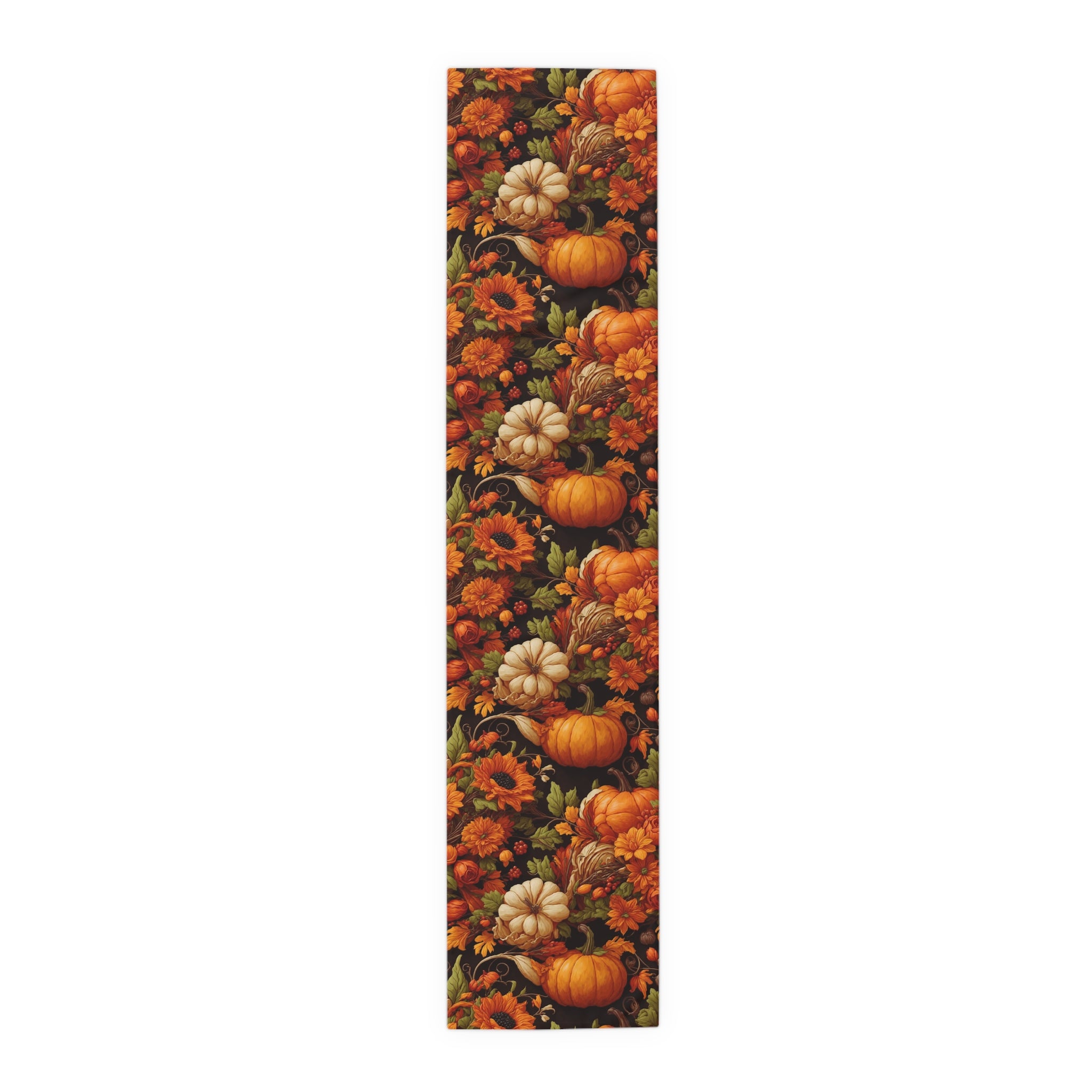 Timeless Thanksgiving warmth of Flowers and Cornucopia Fall Designed Table Runner Splendor to Your Table Available in 2 Sizes and Material