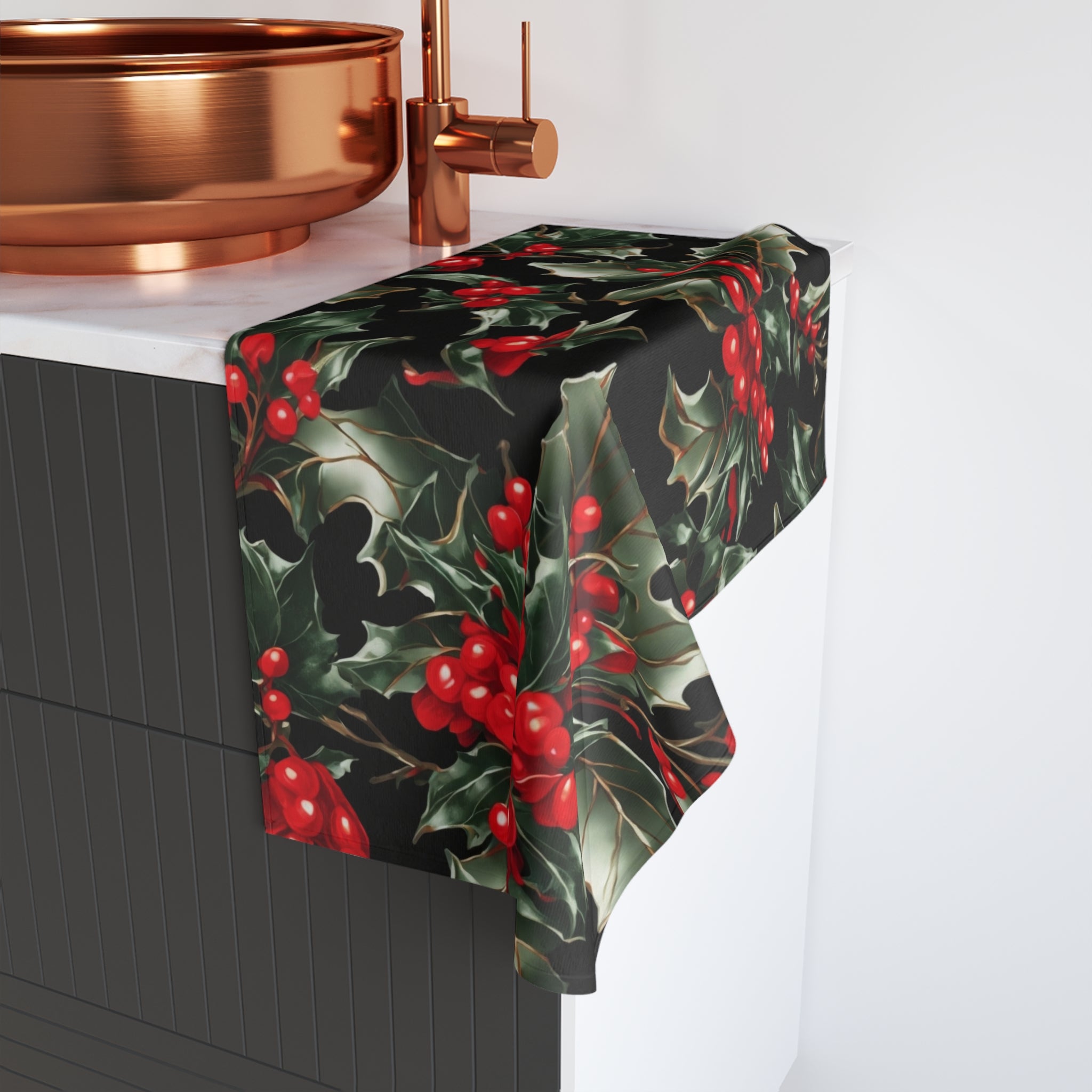 Elegant Holly of Christmas Designed 16" x 28" Hand Towel