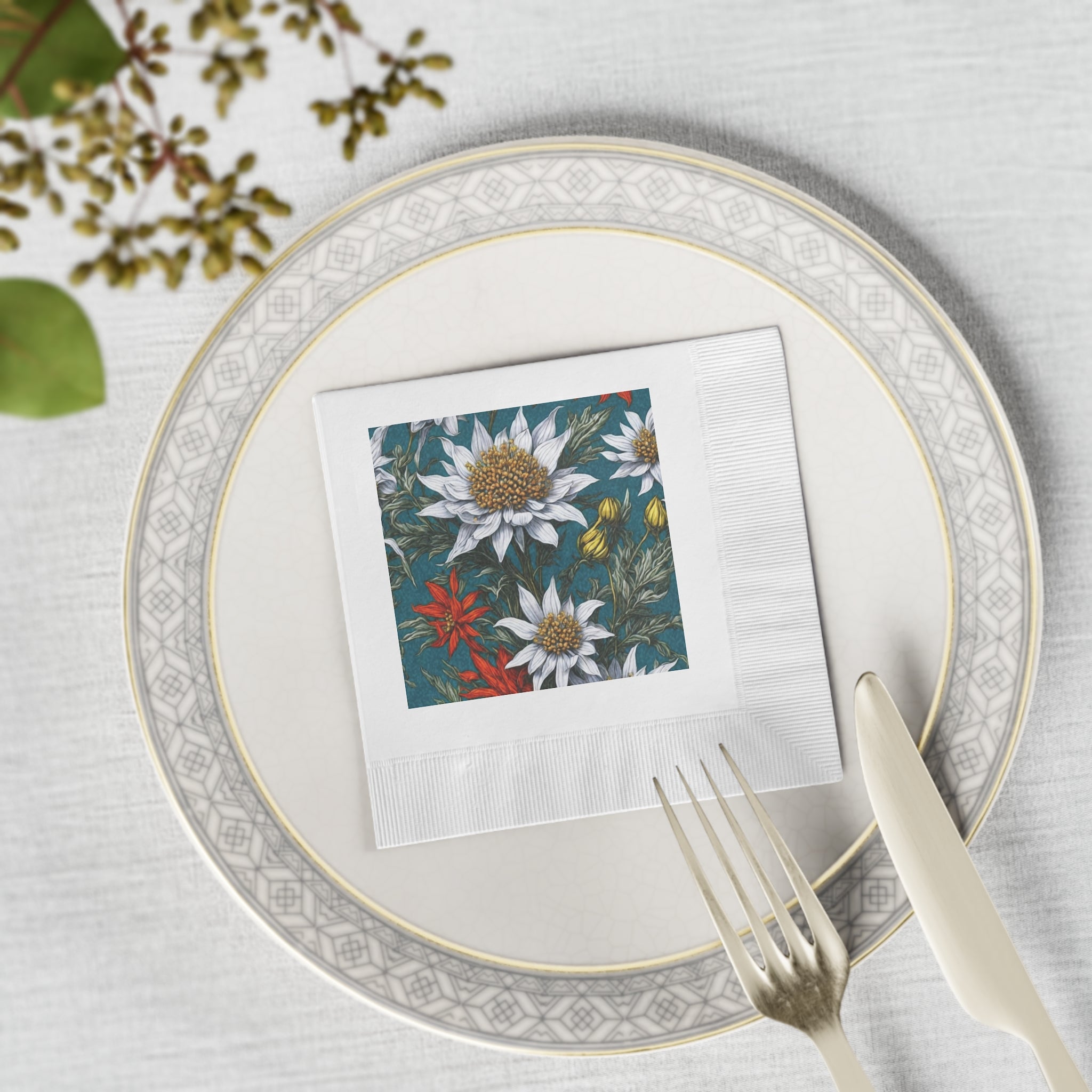 Whimsical Edelweiss Flowers Designed White Coined Napkins 2 Sizes and Counts