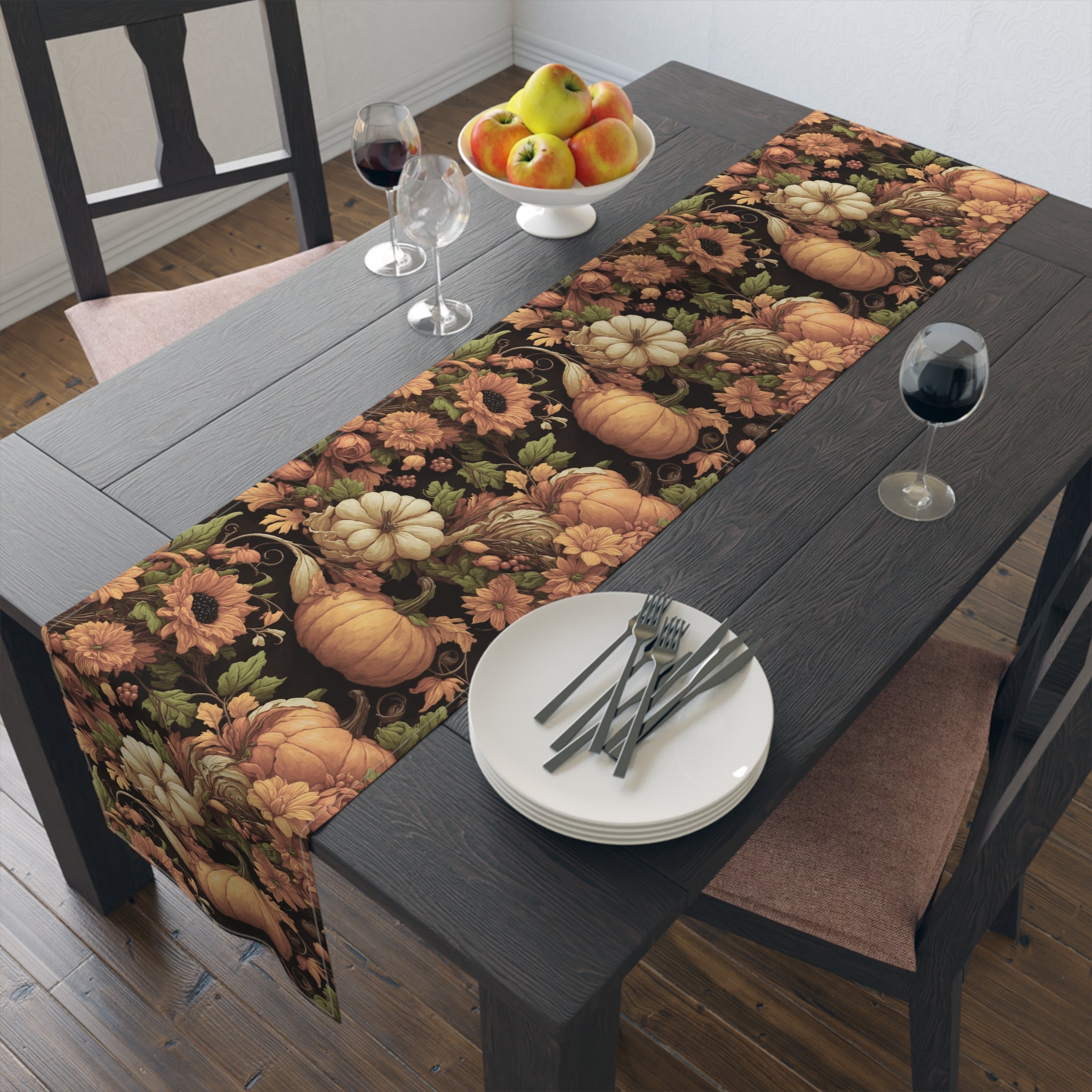 Timeless Thanksgiving warmth of Flowers and Cornucopia Fall Designed Table Runner Splendor to Your Table Available in 2 Sizes and Material