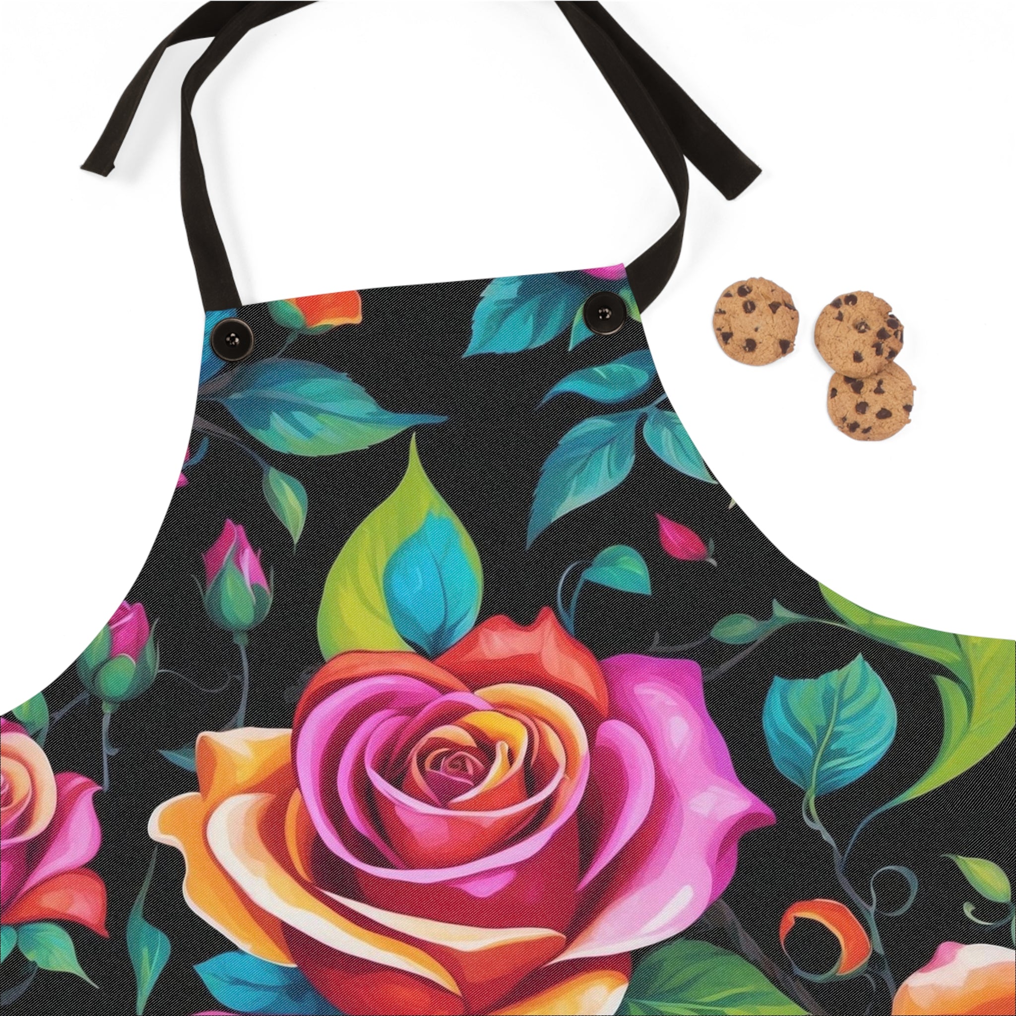 Black Light Roses Designed Floral Apron