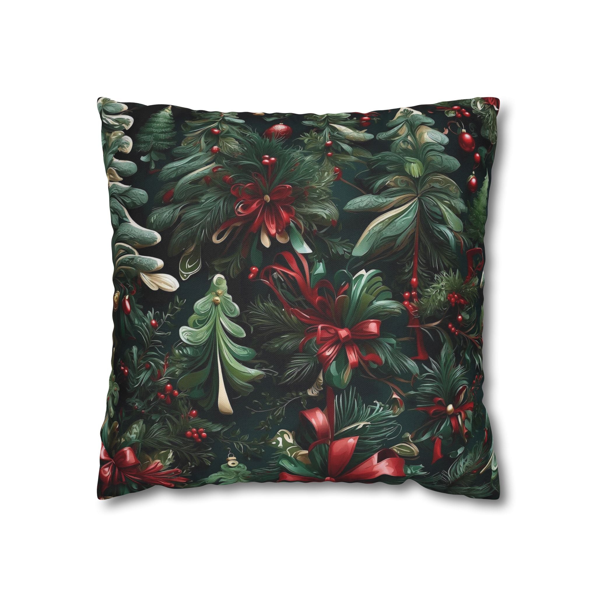 Exquisite Christmas Ribbon and Pines Designed Spun Polyester Pillow Case Cover