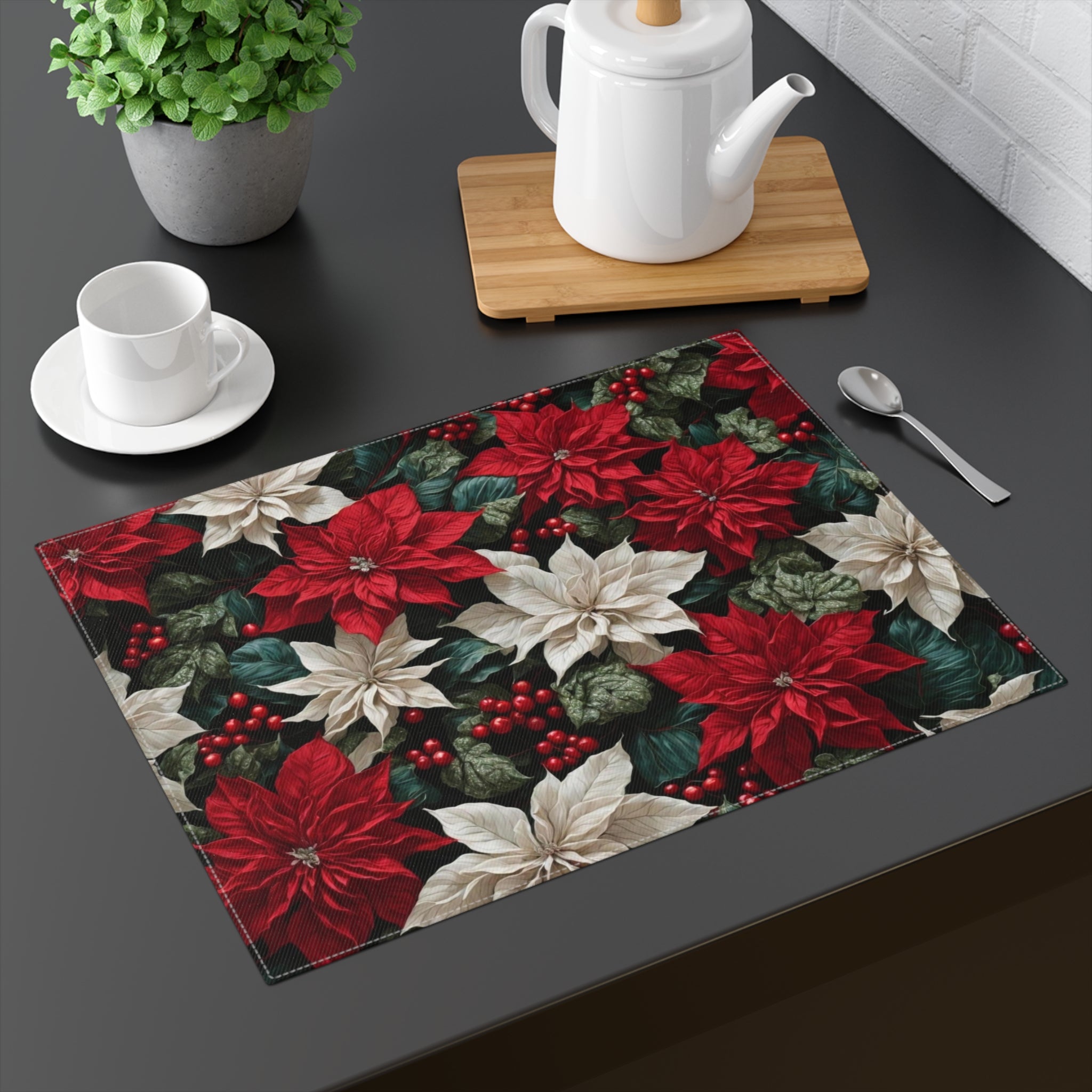 Mesmerizing Poinsettias Flowers Placemat - Customizable, Durable Cotton for Elevated Tabletop Charm