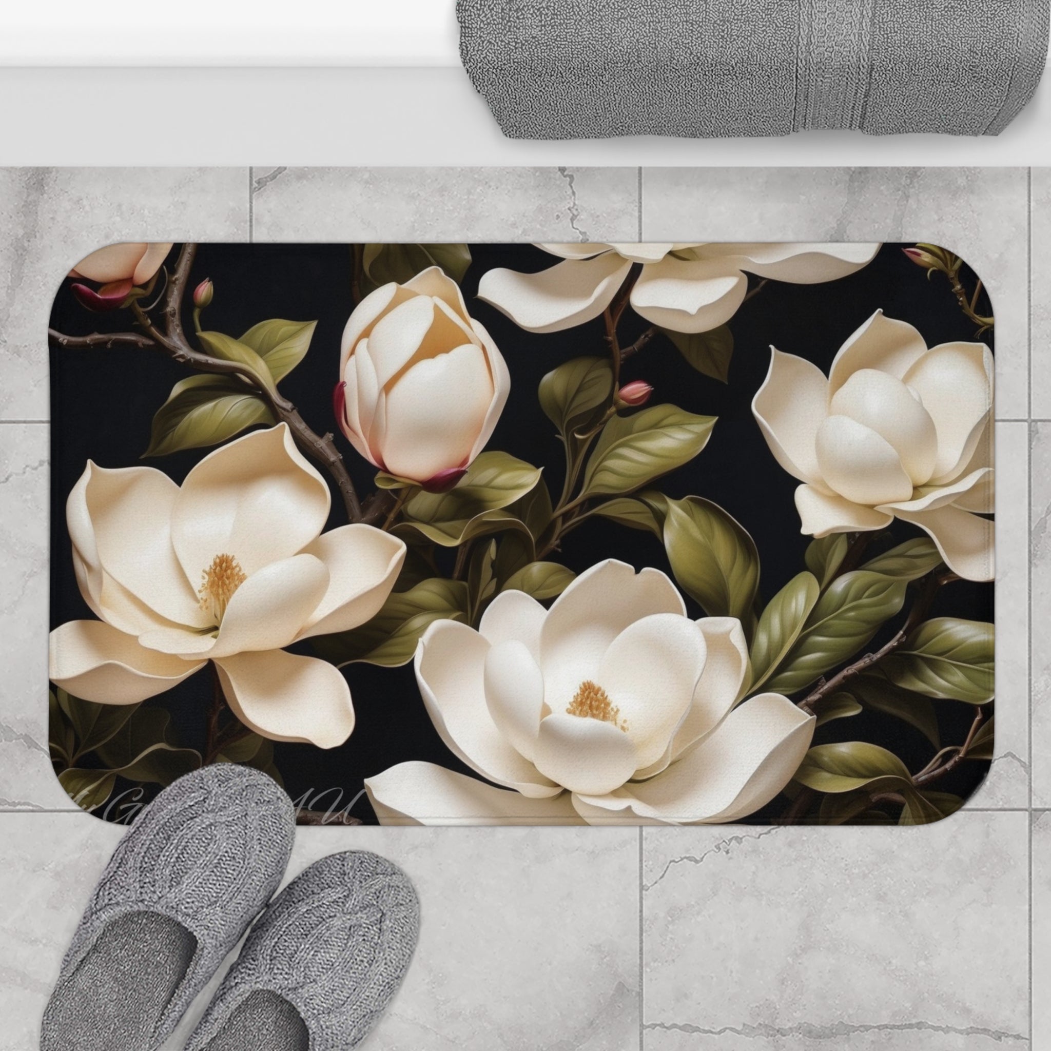 Wild White Magnolia Flower Bath Mat