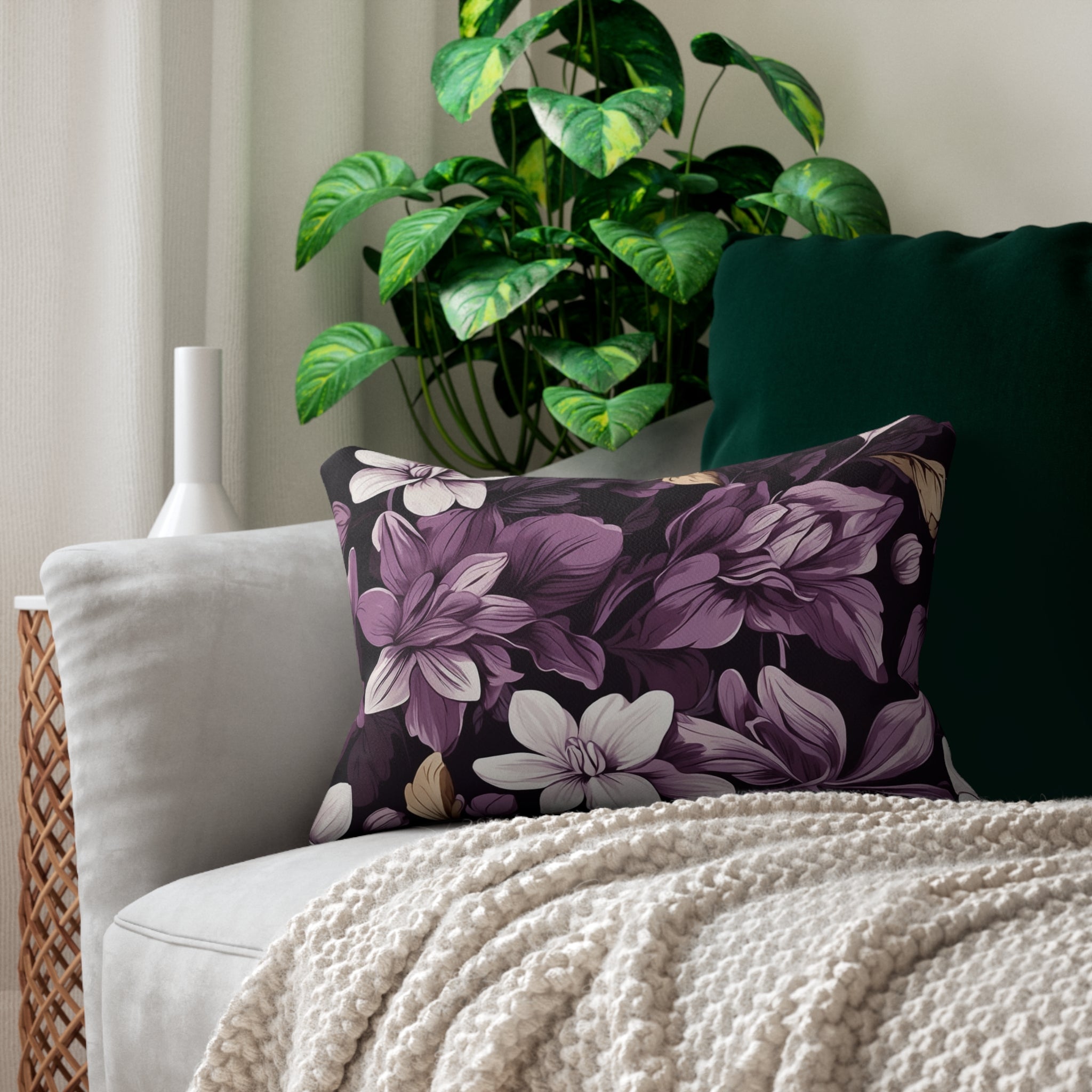 Brilliant Spring Floral in Purple Basil Designed Spun Polyester Lumbar Pillow with Insert