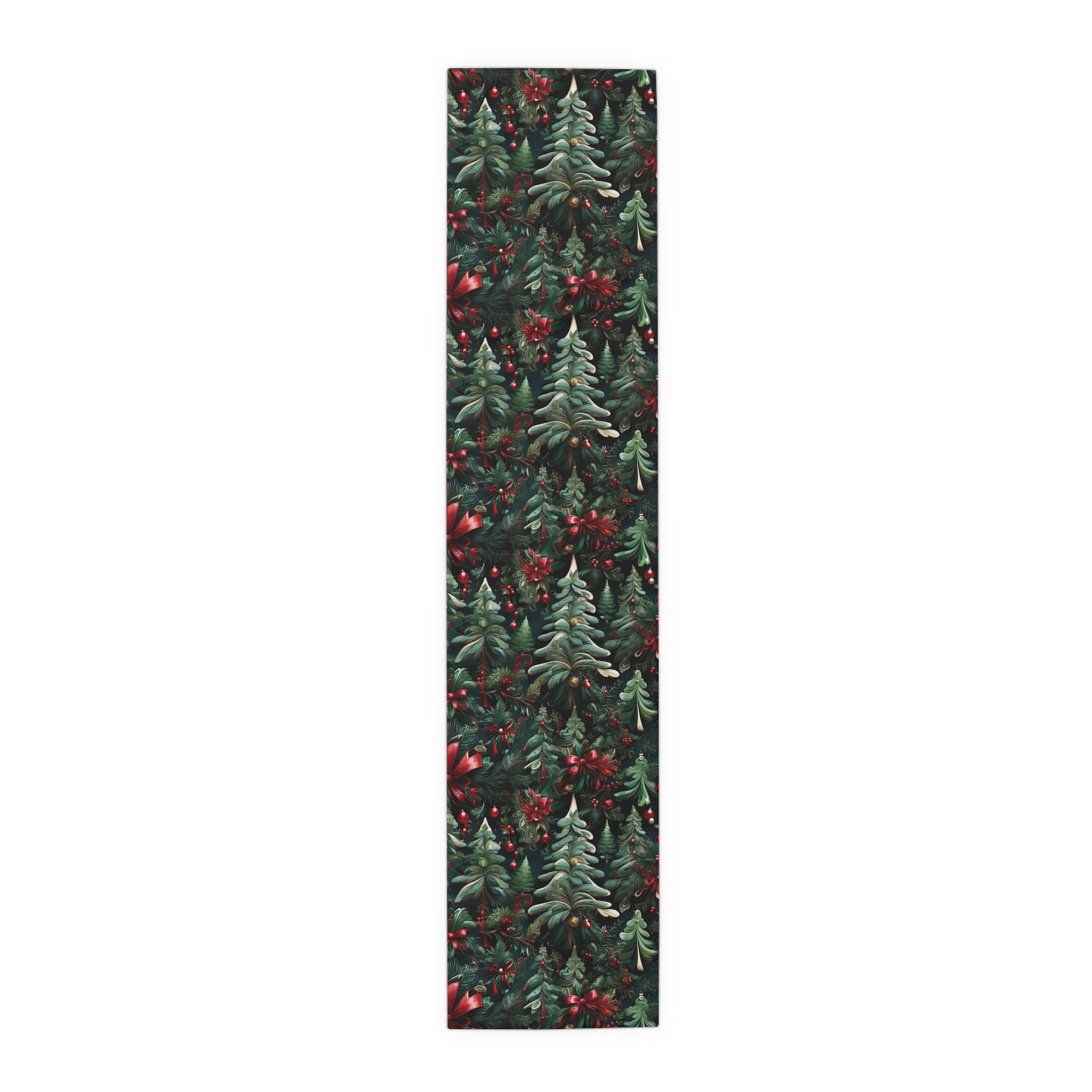 Exquisite Christmas Ribbon and Pines Design Table Runner - Choose Cotton or Polyester for Stylish Kitchen Decor