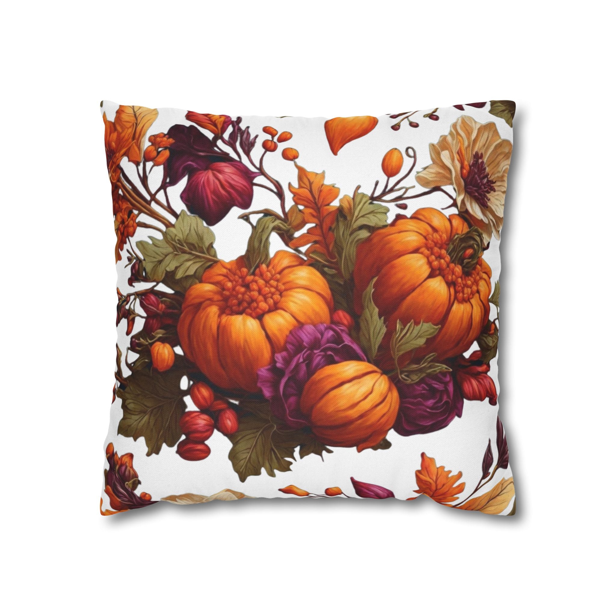 Verdant Autumn Floral and Gourds Fall Design Square Pillow Cover - Seasonal Decor for Every Room - 100% Polyester, Double-Sided Print