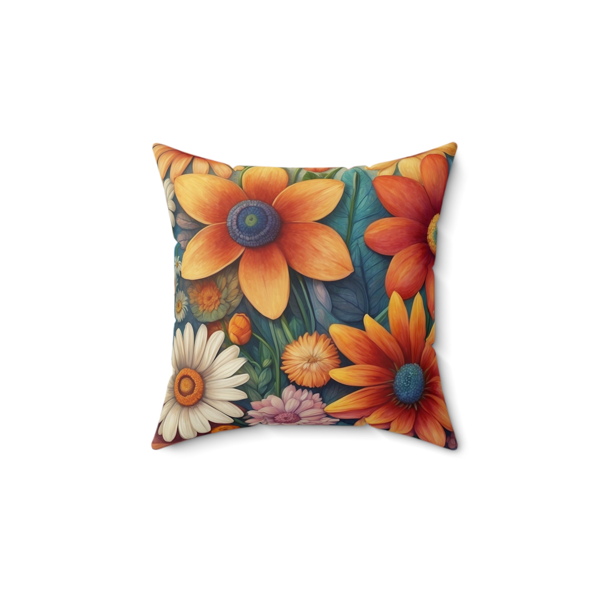 Summertime Full of Colorful Flowers Spun Polyester Square Pillow with Insert