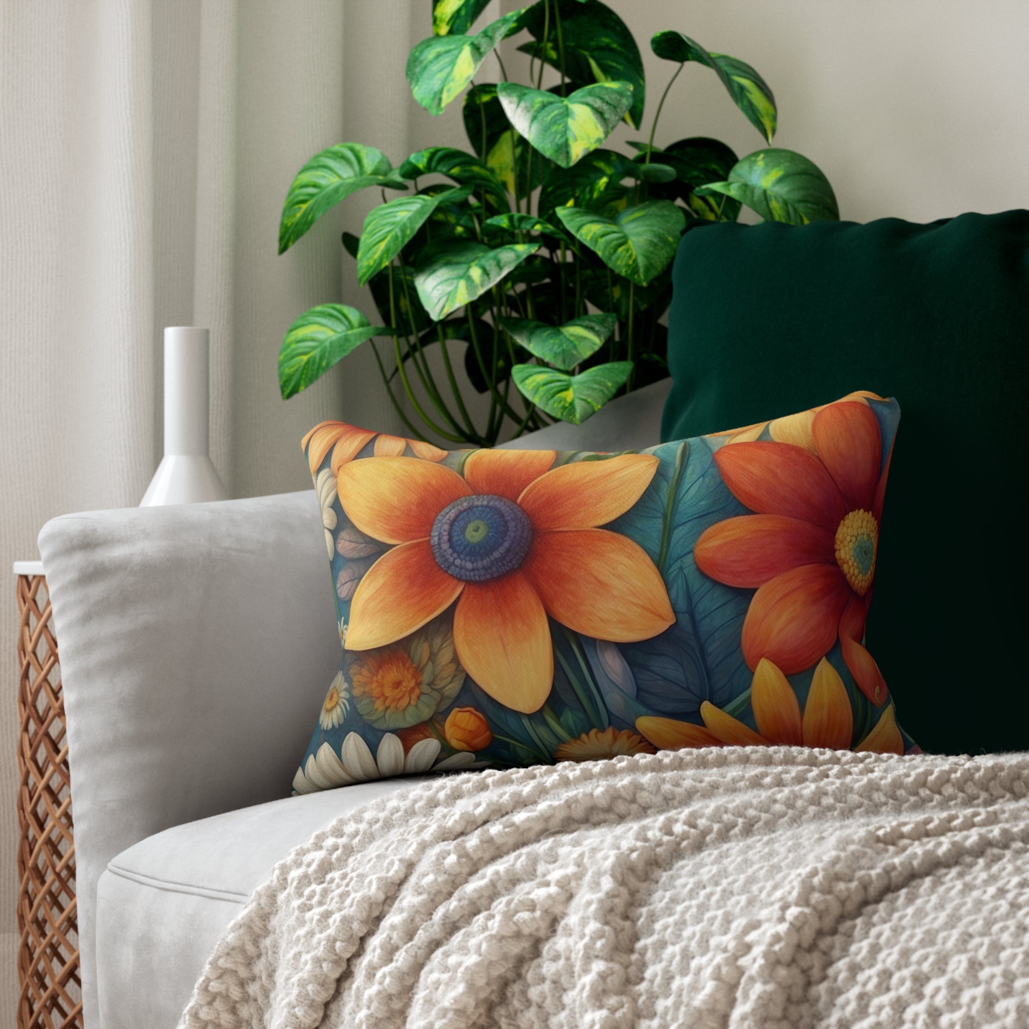 Summertime Full of Colorful Flowers Spun Polyester Lumbar Pillow with Insert