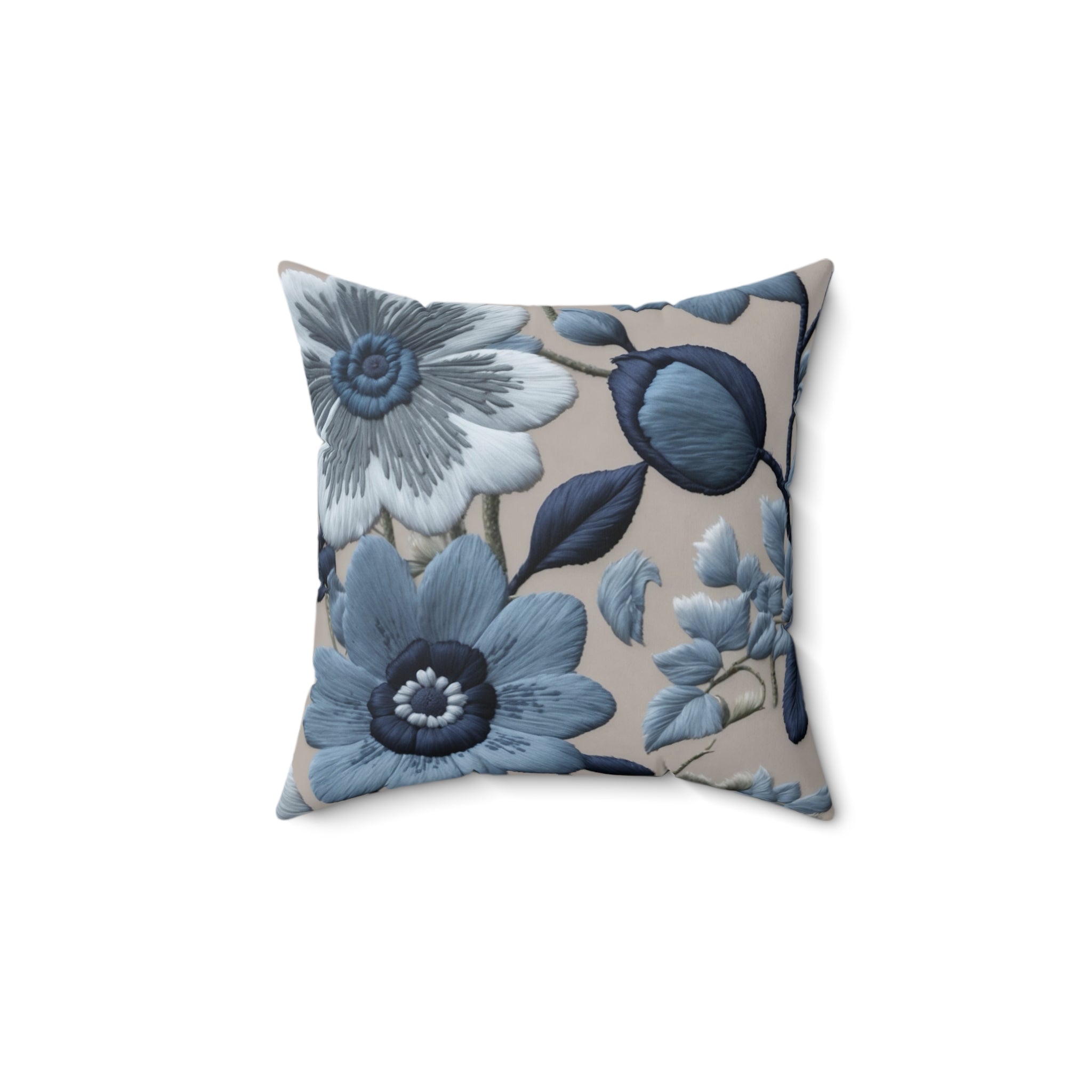 Graceful Blue Spring Floral Embroidered Look pillow cover Spun Polyester Square Pillow with Insert