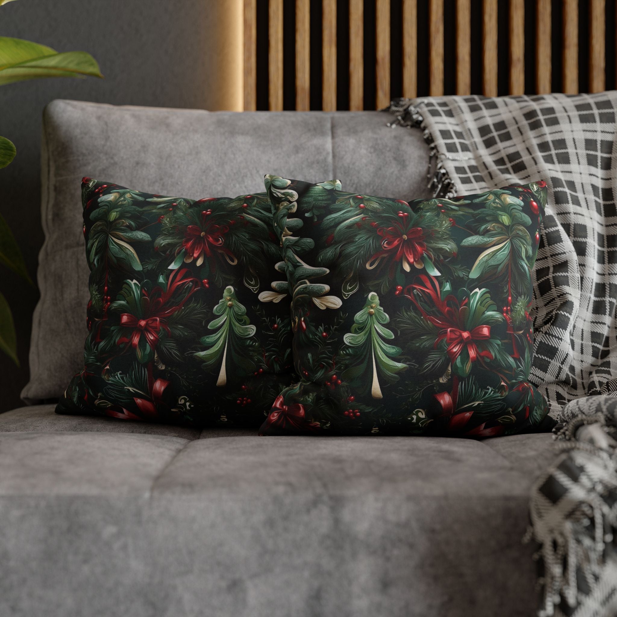 Exquisite Christmas Ribbon and Pines Designed Spun Polyester Pillow Case Cover