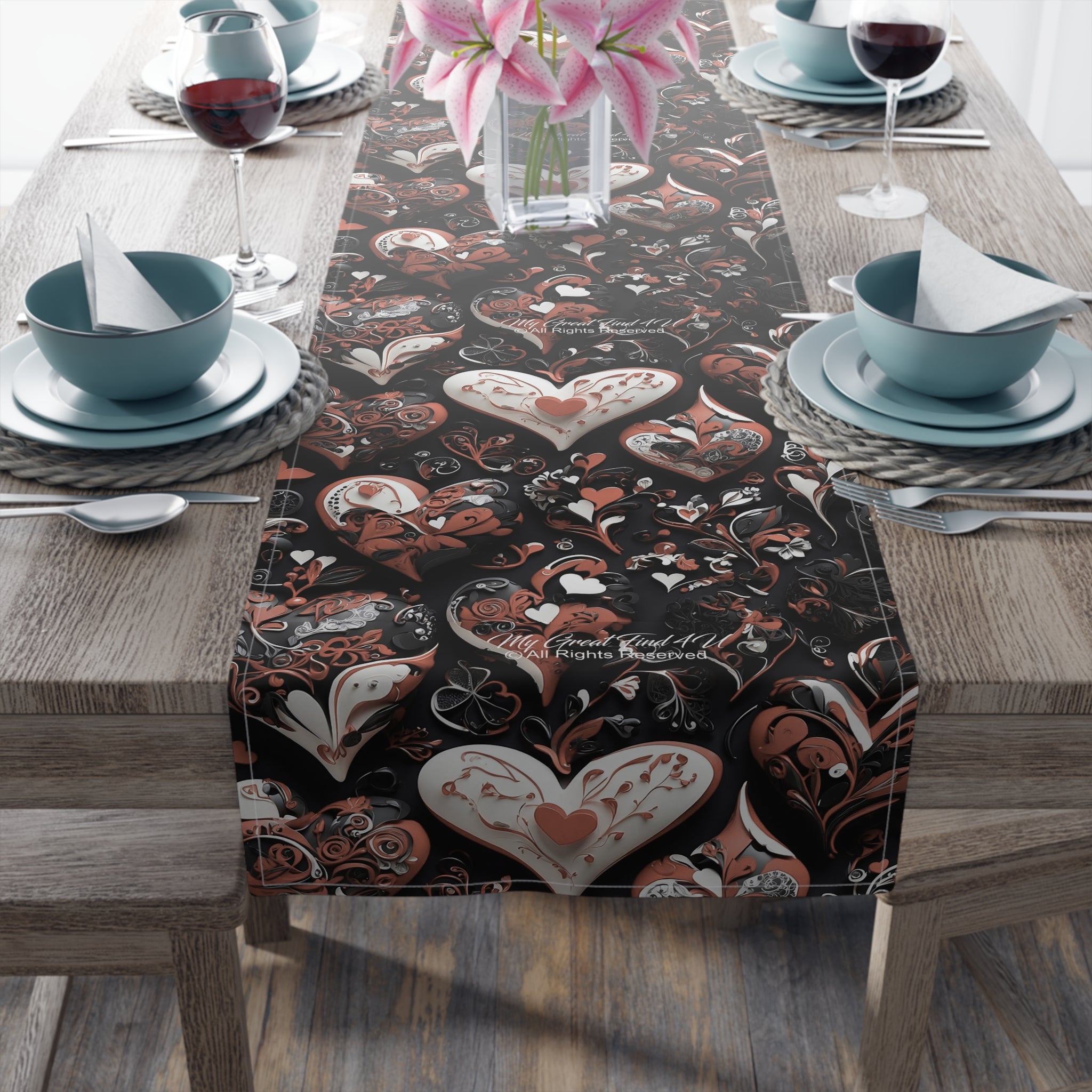 Sophisticated Valentine Heart Designed Table Runner - Cotton Twill & Polyester Options - Valentine's Day Dining room Runner - Kitchen Valentine Decor