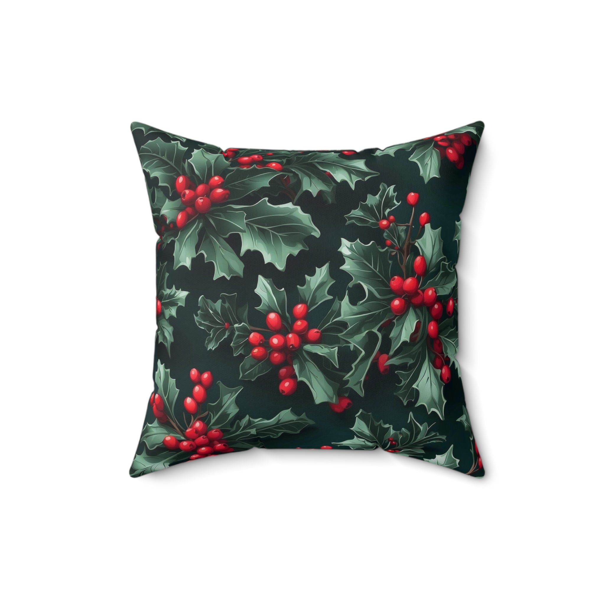 Fresh Holly and Berries Christmas Holiday Design Square Pillow - Festive 100% Polyester Décor Piece with Insert