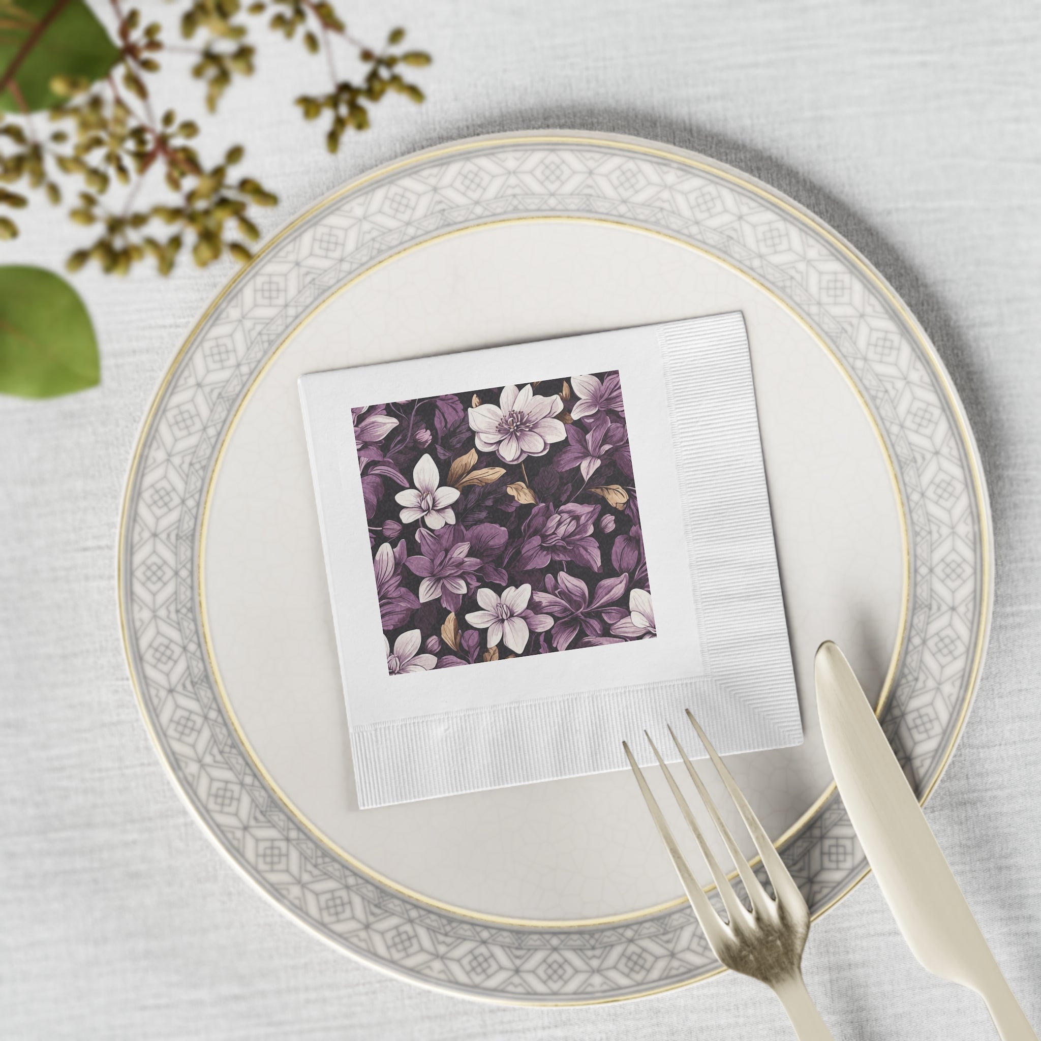 Brilliant Spring Floral in Purple Basil Designed White Coined Napkins 2 Sizes and Counts