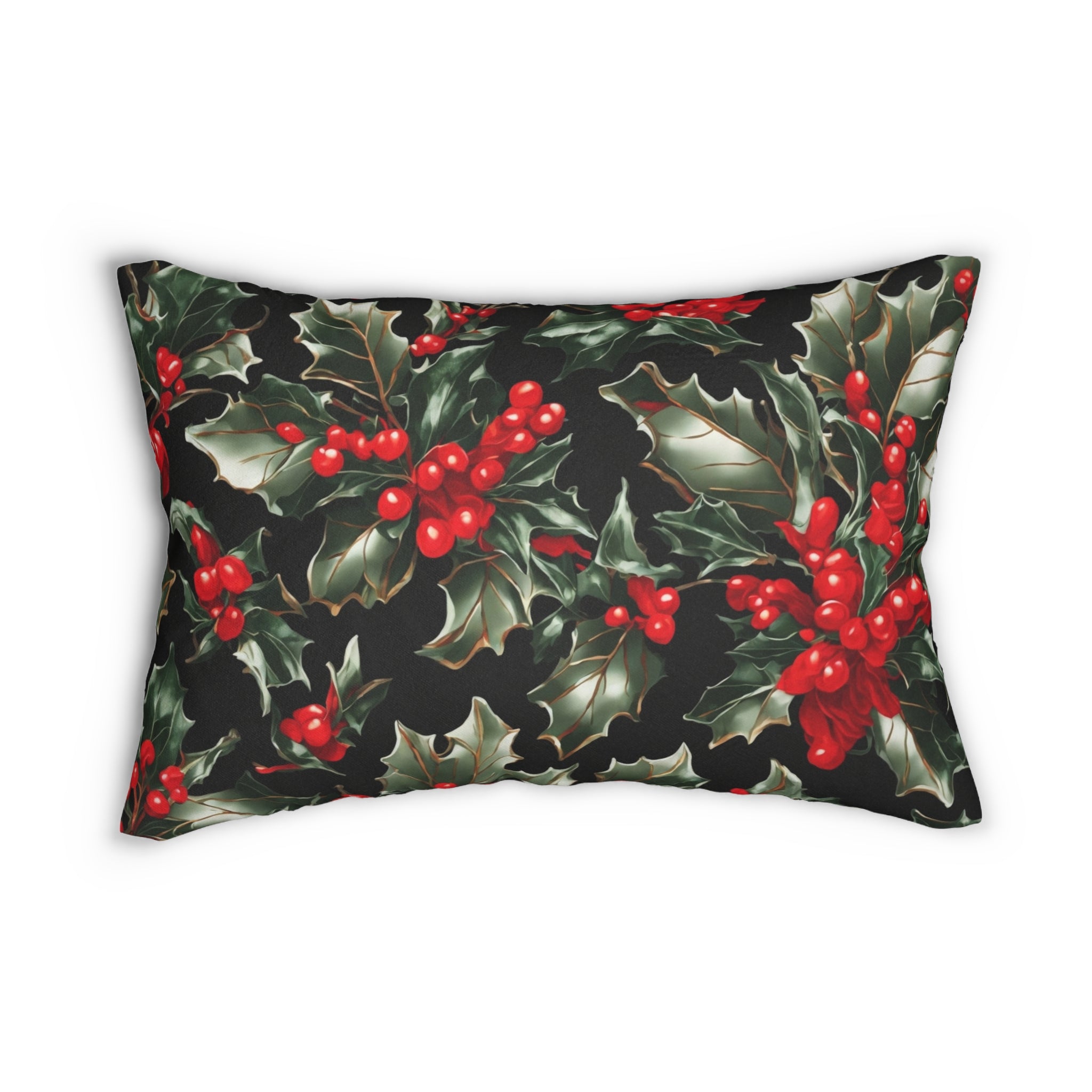 Elegant Holly of Christmas Designed Spun Polyester Lumbar Pillow with Insert