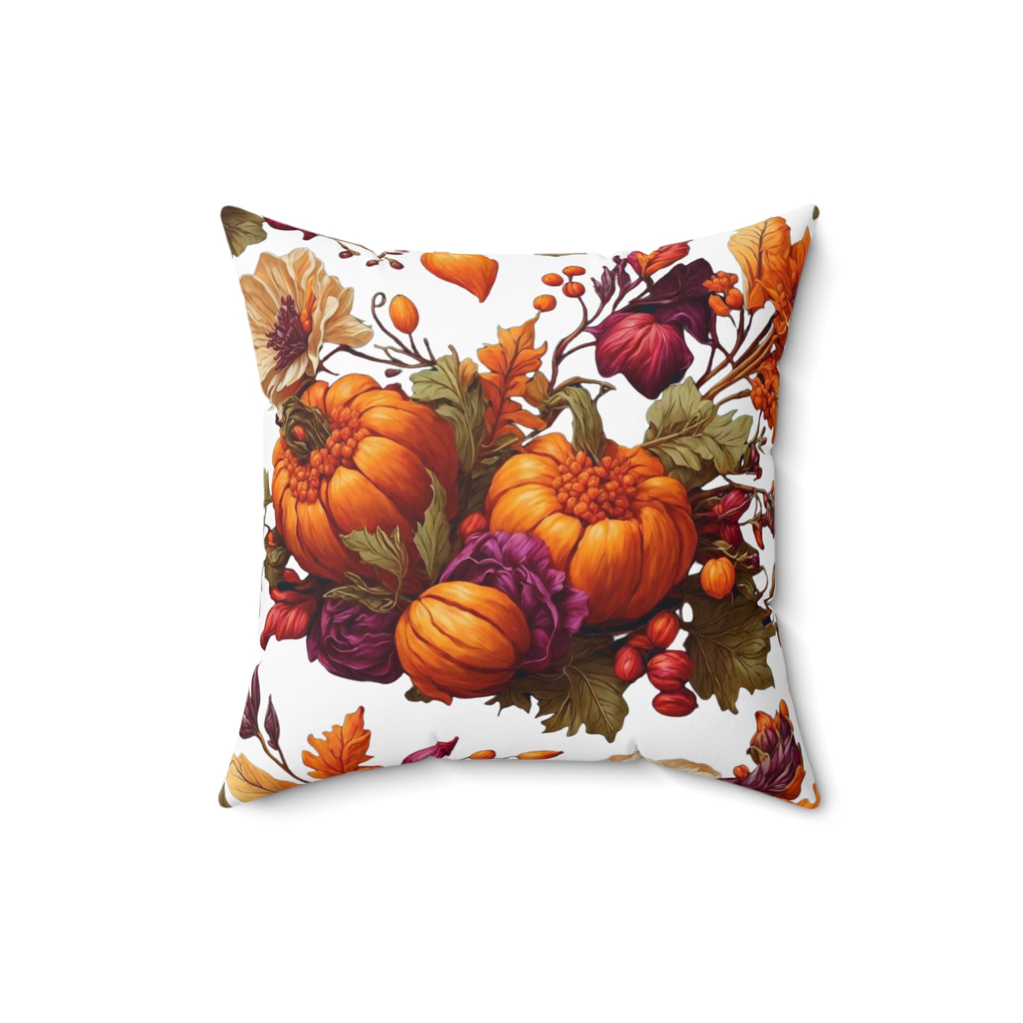 Verdant Autumn Floral and Gourds Designed Throw Pillow in Various Sizes with Insert