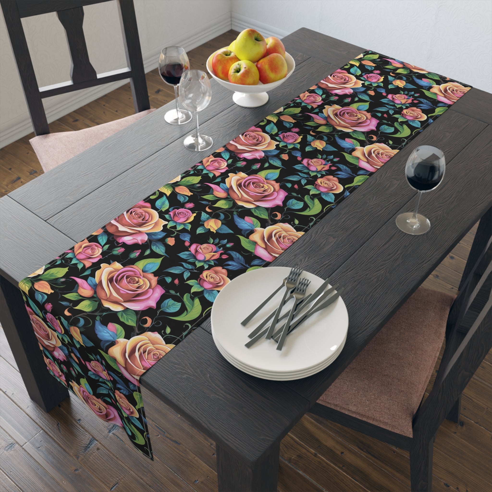 Black Light Roses Designed Floral Table Runner (Cotton/Poly) 2 Option Sizes