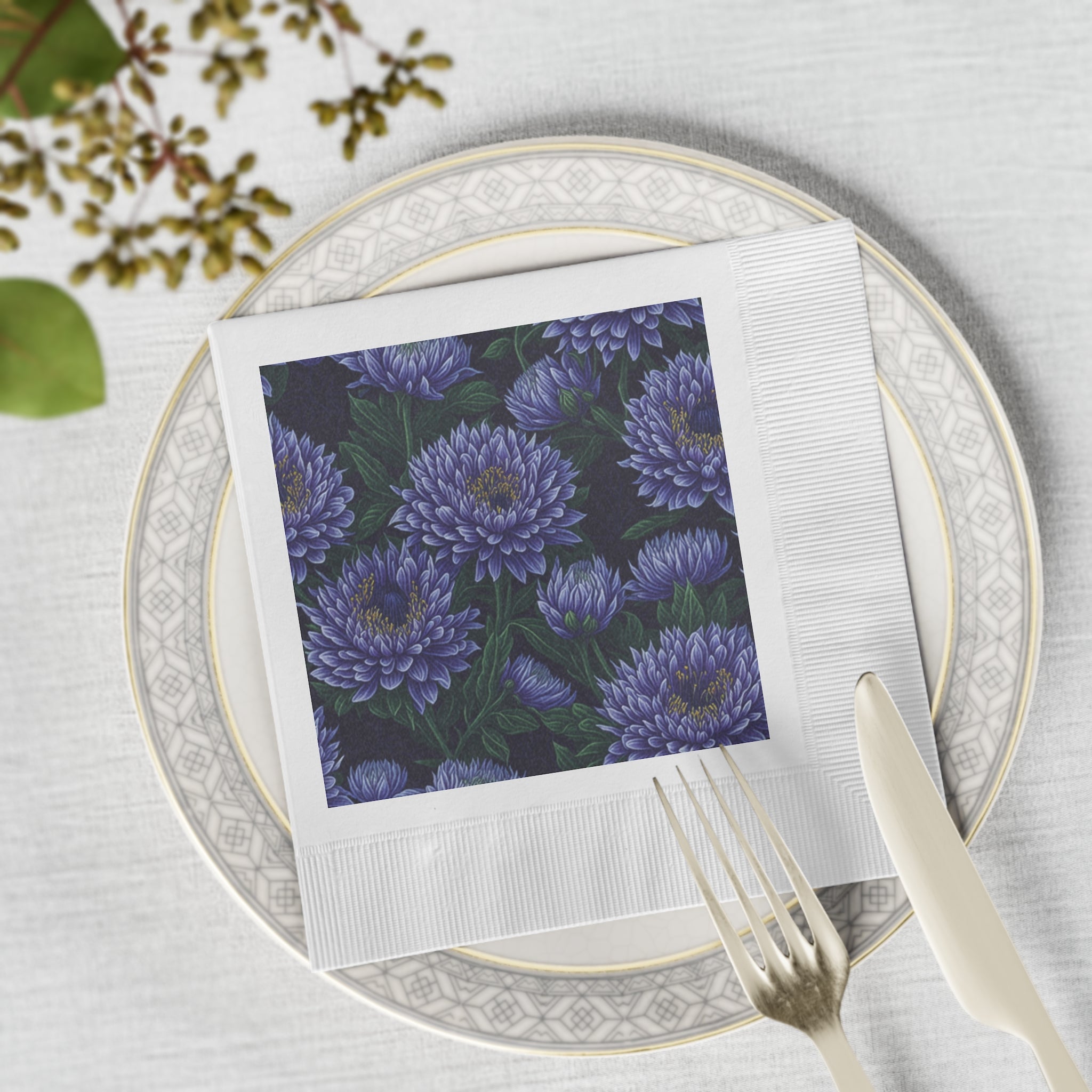 Brilliant Stokesia Floral Designed White Coined Napkins Available in 2 Sizes and Counts