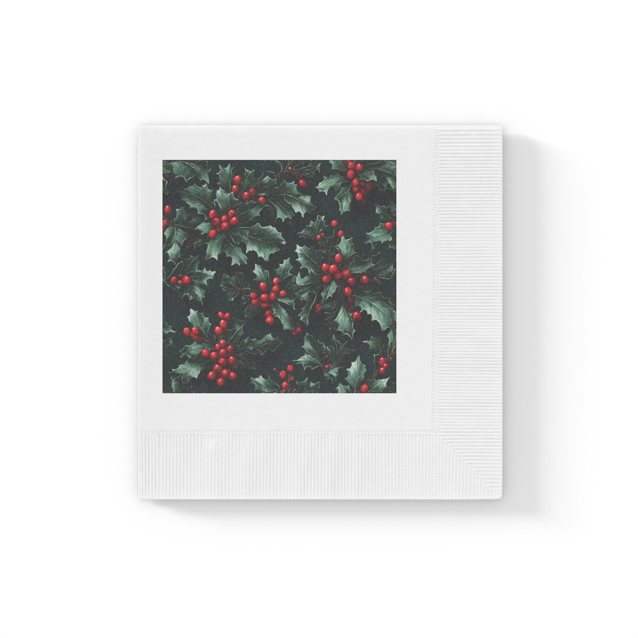 Fresh Holly & Berries Christmas White Coined Napkins 2 Size and Count Options