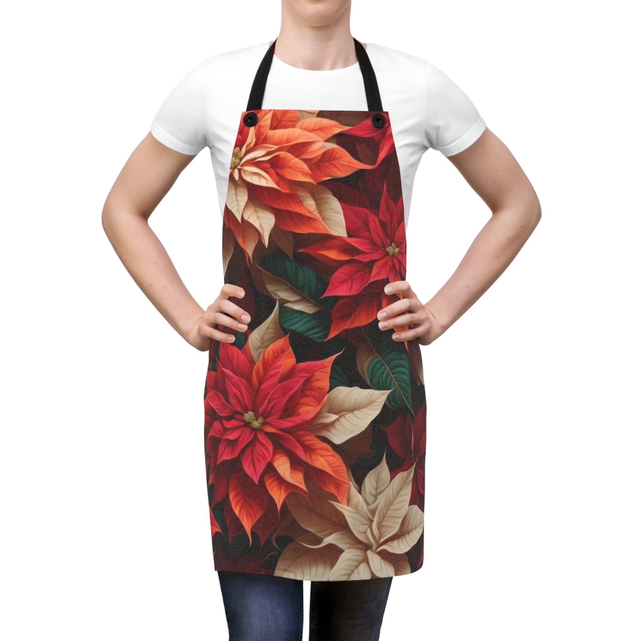 Colorful Bunches of Christmas Poinsettias Design Apron - Stylish & Durable Polyester Twill for Holiday Cooking