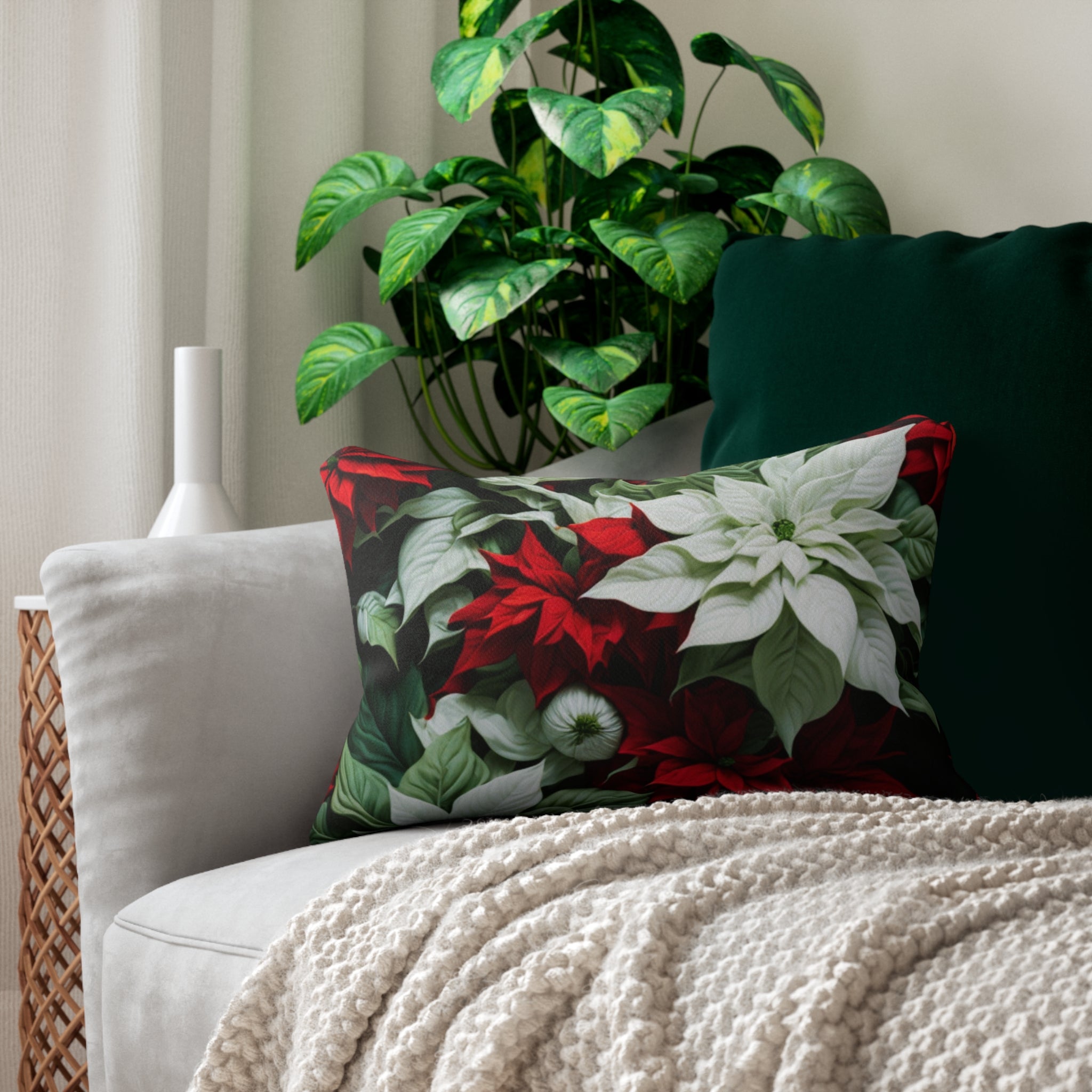 Blooming Bali Poinsettia Flower Designed Spun Polyester Lumbar Pillow with Insert