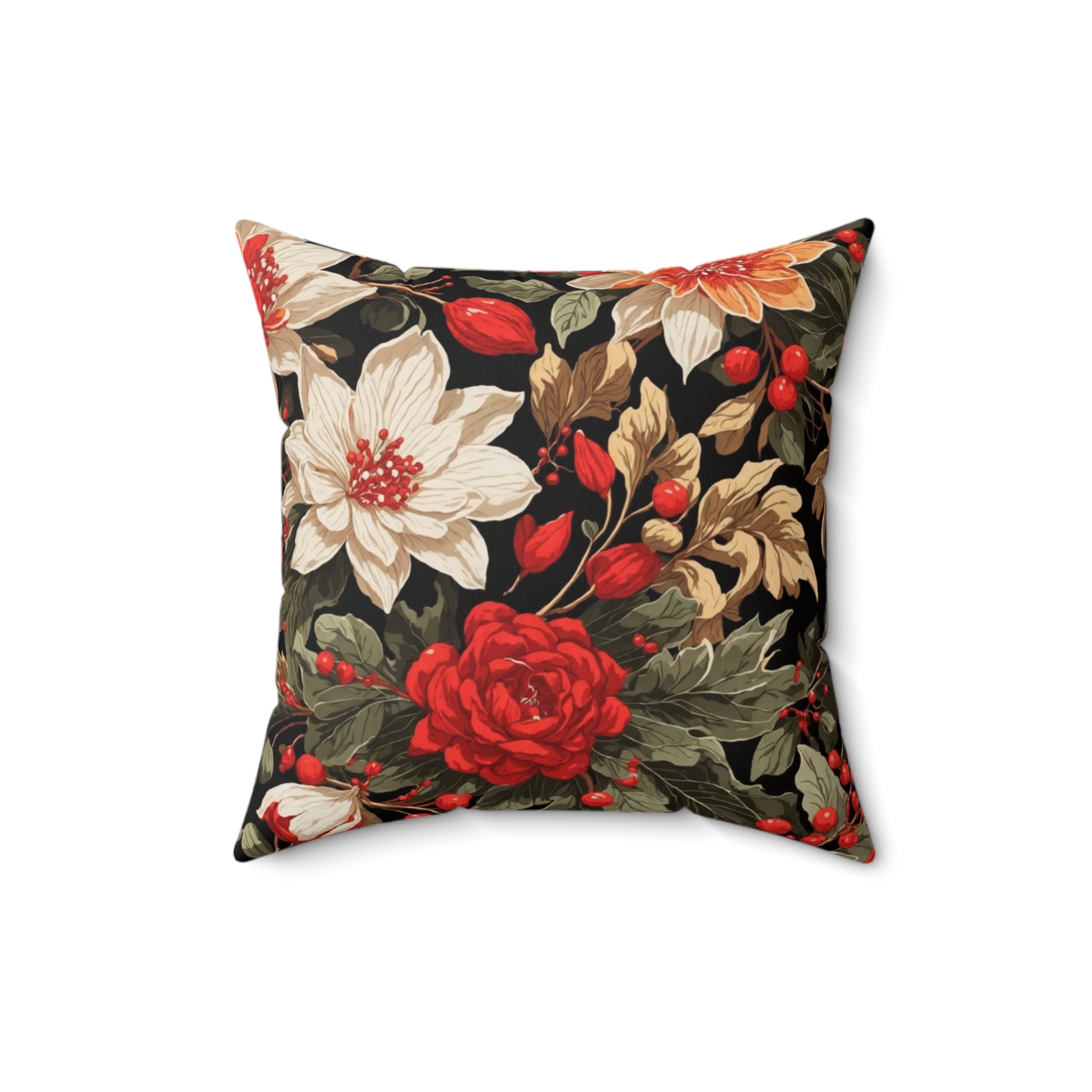 Elevate Your Holiday Decor with the Brilliant Christmas Floral Design Spun Polyester Square Pillow - Create a Festive and Cozy Retreat