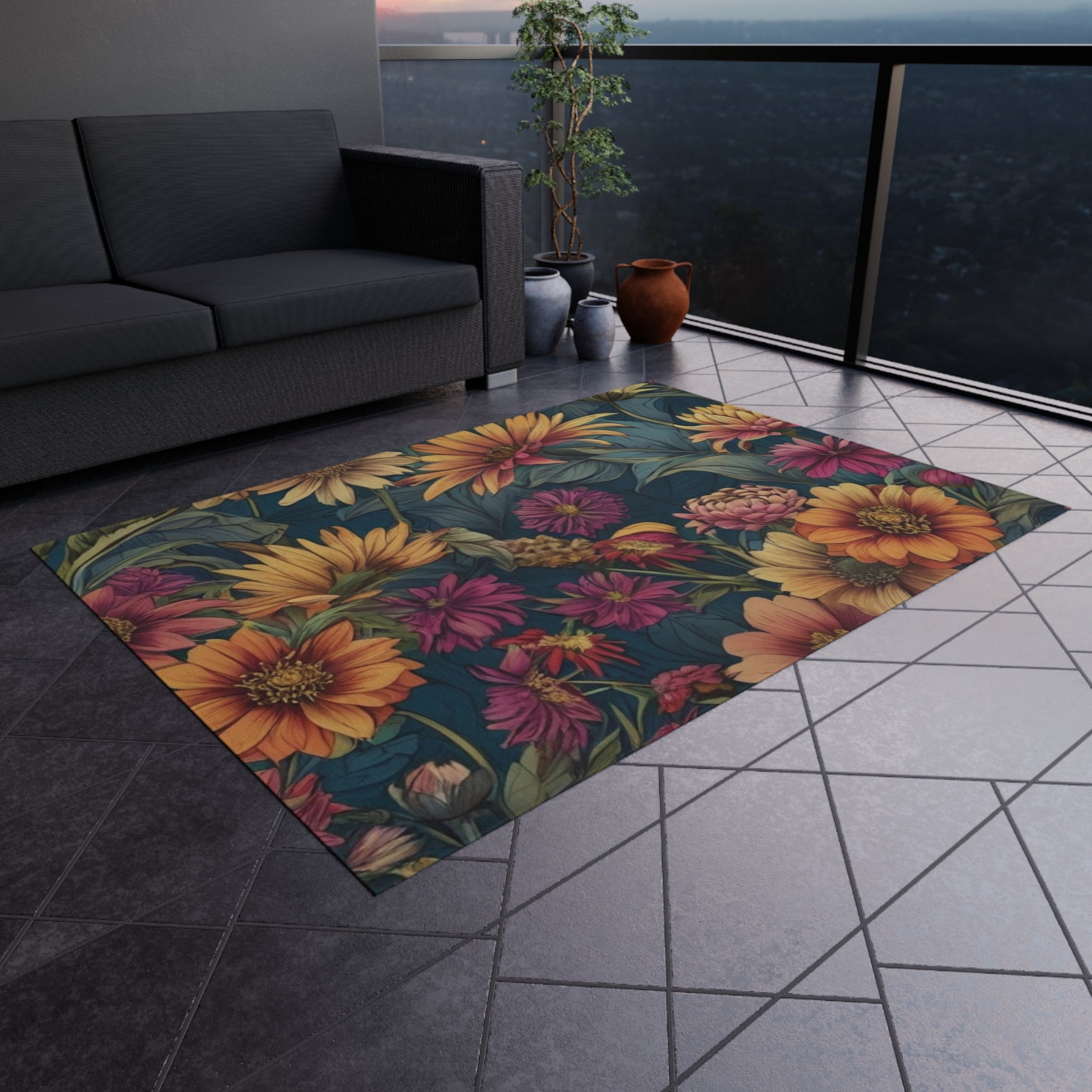 Beautiful Zinnia Blooming Garden Designed Indoor Outdoor Rug Available in Multiple Sizes