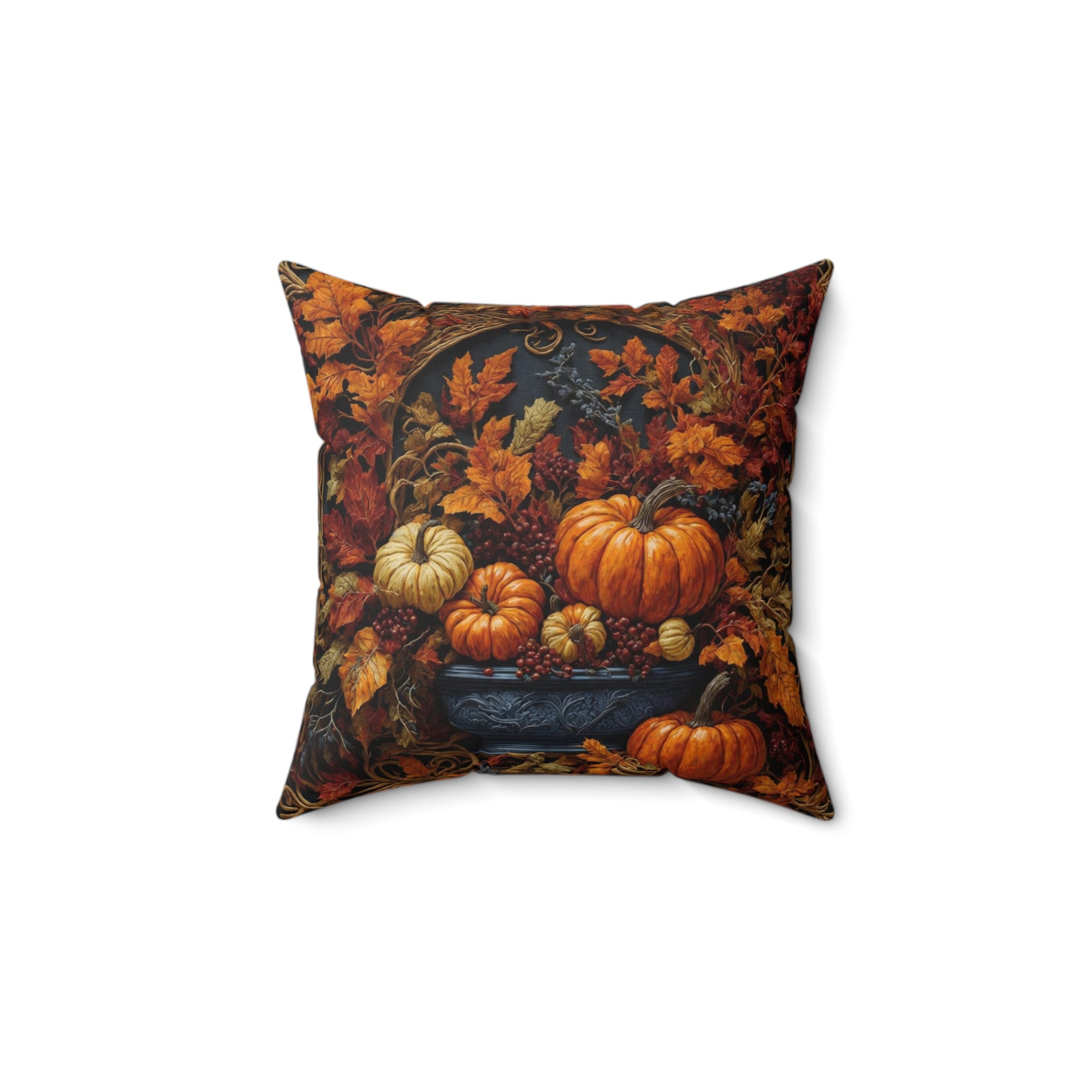 Autumn Collage Gourds & Leaves Fall Designed Spun Polyester Square Throw Pillow with Insert