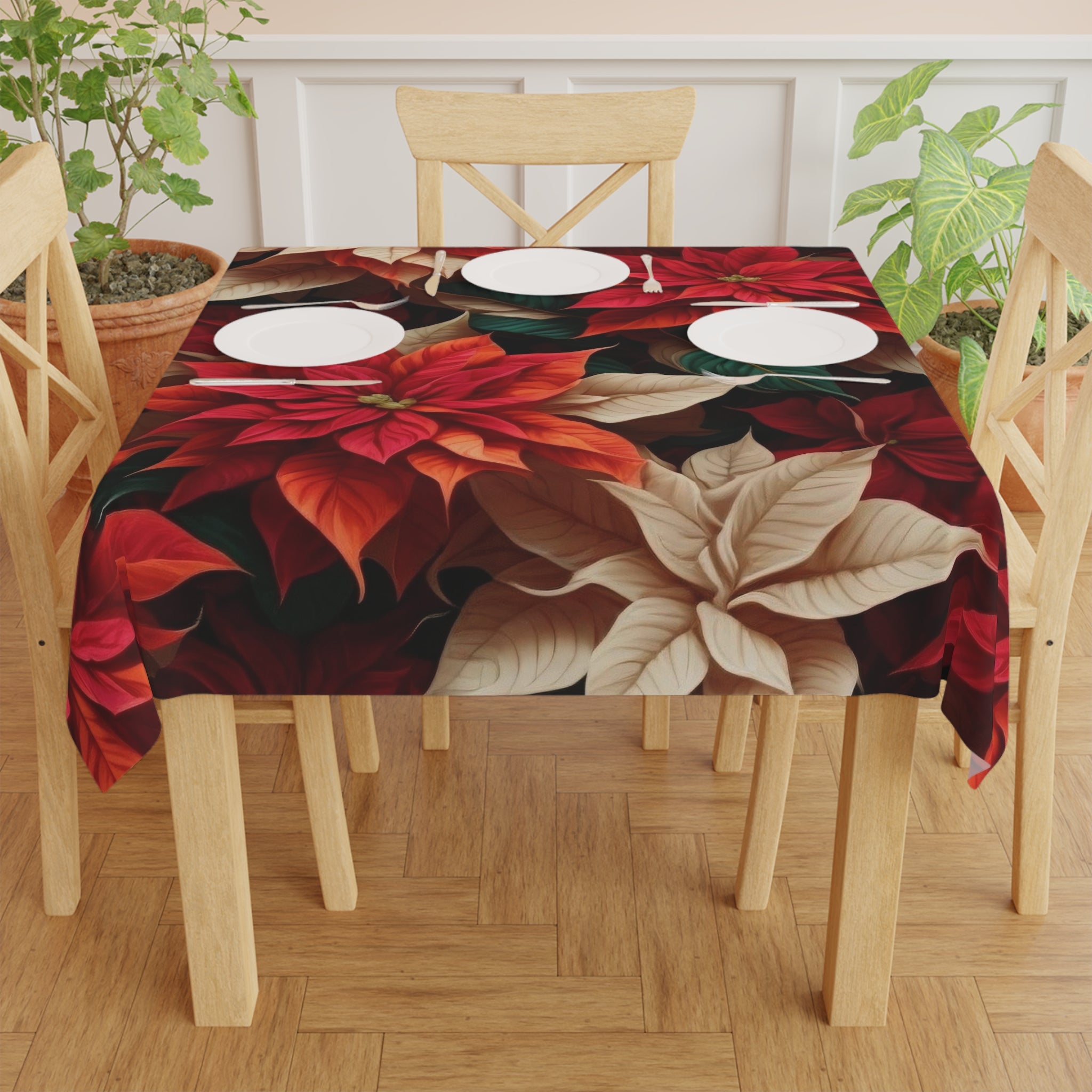 Color Bunches of Poinsettias Round or Square Christmas Floral Tablecloth