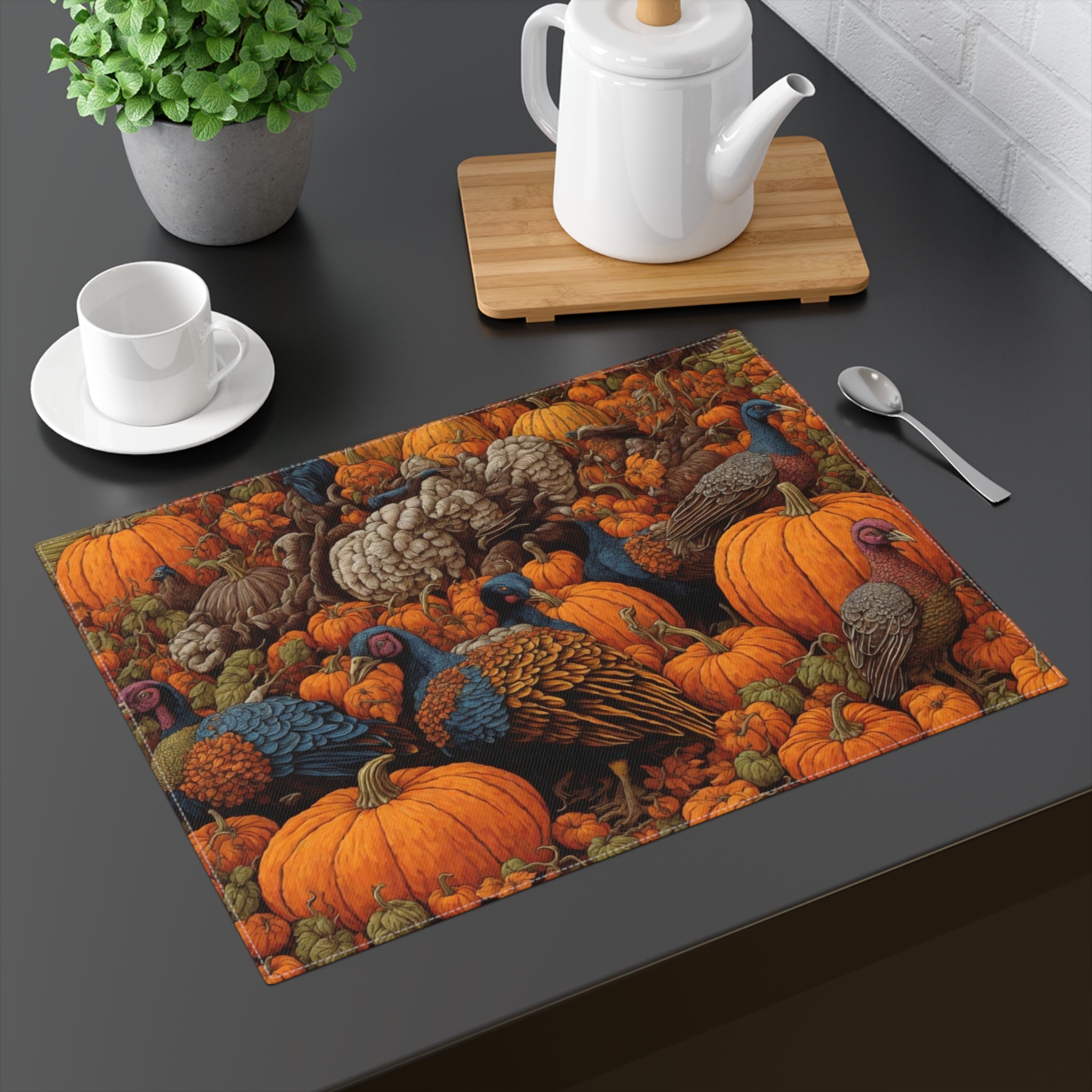 Artistic Turkeys in the Pumpkin Patch Designed Placemat: Elevate Your Dining Experience, 1pc